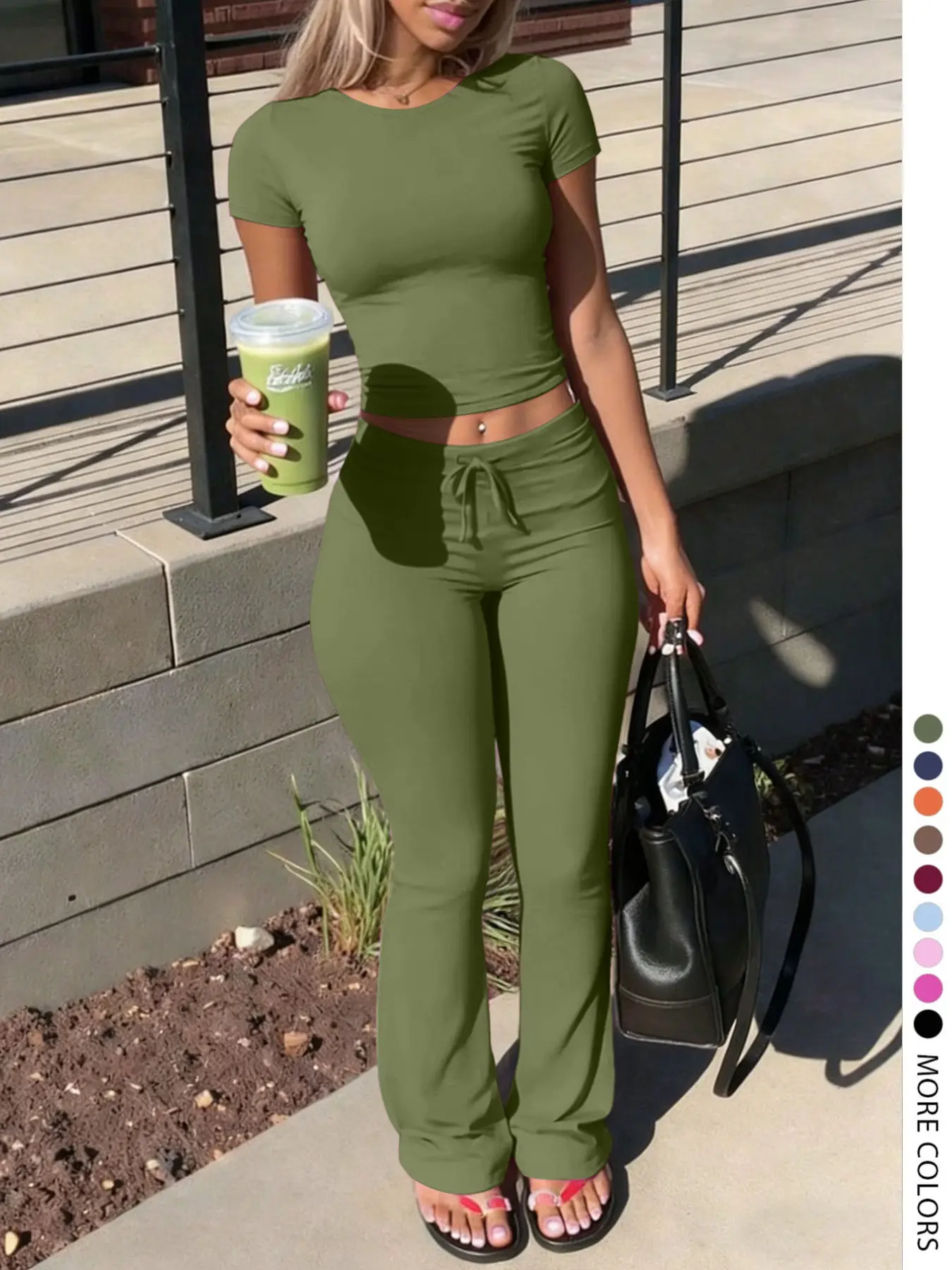 Lw-Sherowear Women's Fashion Casual Minimalist Solid Color Round Neck Short Sleeve T-Shirt and Drawstring Long Pants Set, Summer, Perfect for Home Wear