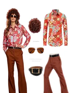 70s Women's Disco Costume Role-playing Set Polyester Satin Shirt and Flared Pants Retro Stage Dance and Role-playing Costumes
