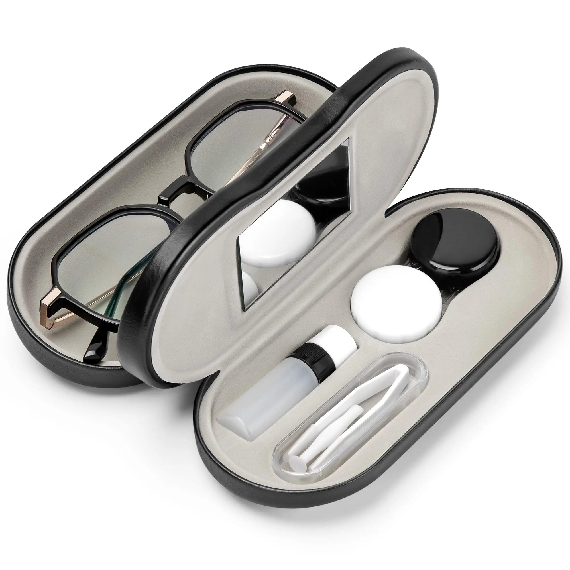 2-in-1 Contact Lens & Glasses Combo Case - PU Leather Eyewear Protector with Built-In Mirror, Lens Storage, Lightweight Compact Design for Travel, Daily Use