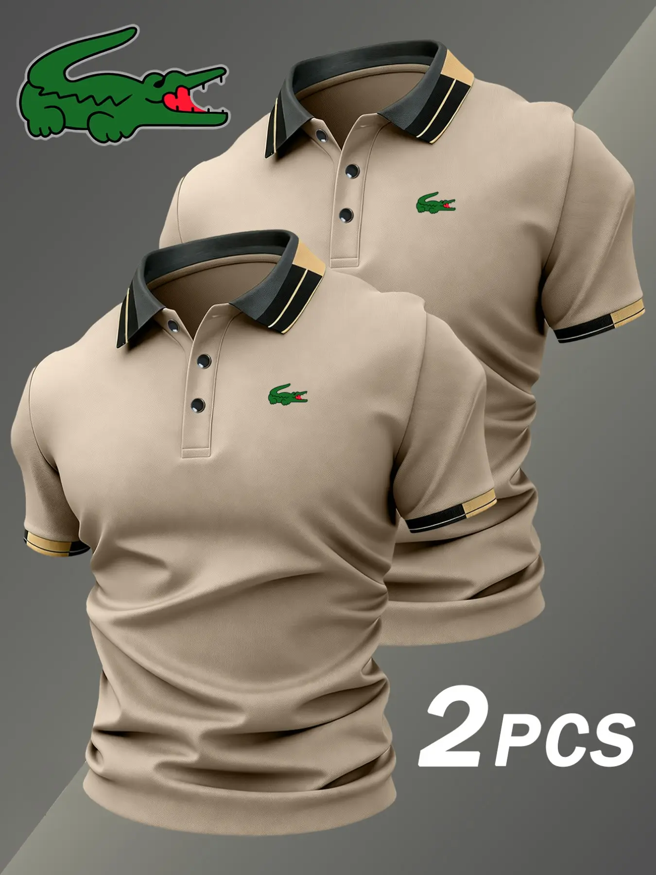 Men's Crocodile Print Polo Shirt, Elastic Classic Casual Breathable, Four-Season Wear, Comfortable Durable Polo, Two-Piece Set