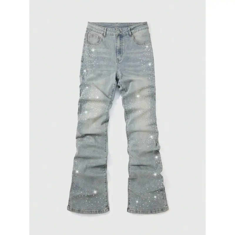 Men's American High Street Streetwear Rhinestone Ripped Micro Flare Denim Jeans, Light Blue Distressed Wide Leg Pants, Y2K Gothic Style, Fall Winter Fashion, Bling Jeans