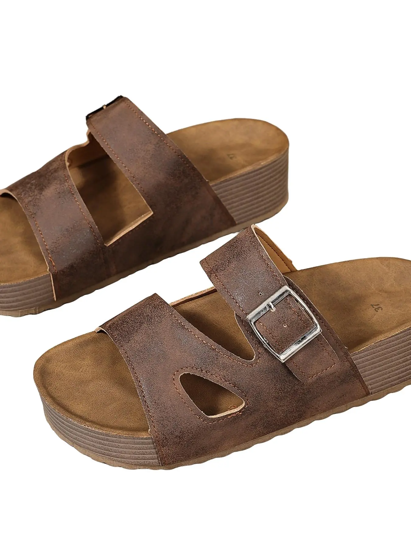 Vintage Double Buckle Sandals for Women, Distressed Matte Wood Grain Thick Heel Casual Outdoor Slippers, Comfortable and Stylish Footwear