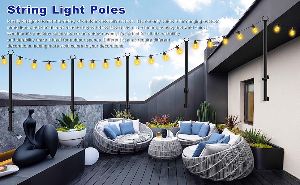 2-8Pack 5 Ft String Light Poles, String Light Poles for Outside with Fixing Clips,Metal Poles for Outdoor String Lights, Hanging Light Poles for Deck Fence Garden Backyard Wall Bistro
