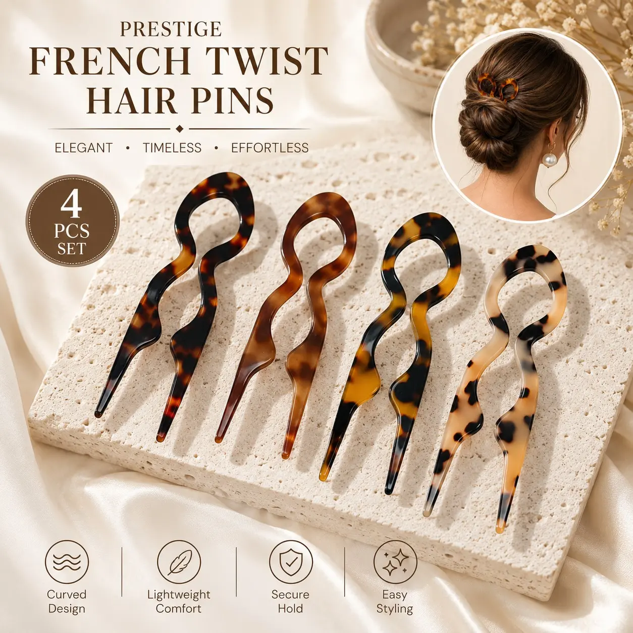 4 PCS French Twist Hair Pins for Women, Curved Bun Pins with Secure Hold for Updos, Hair Styling Accessories for Thick, Thin or Long Hair, Daily Wear, Parties and Holiday Gifts