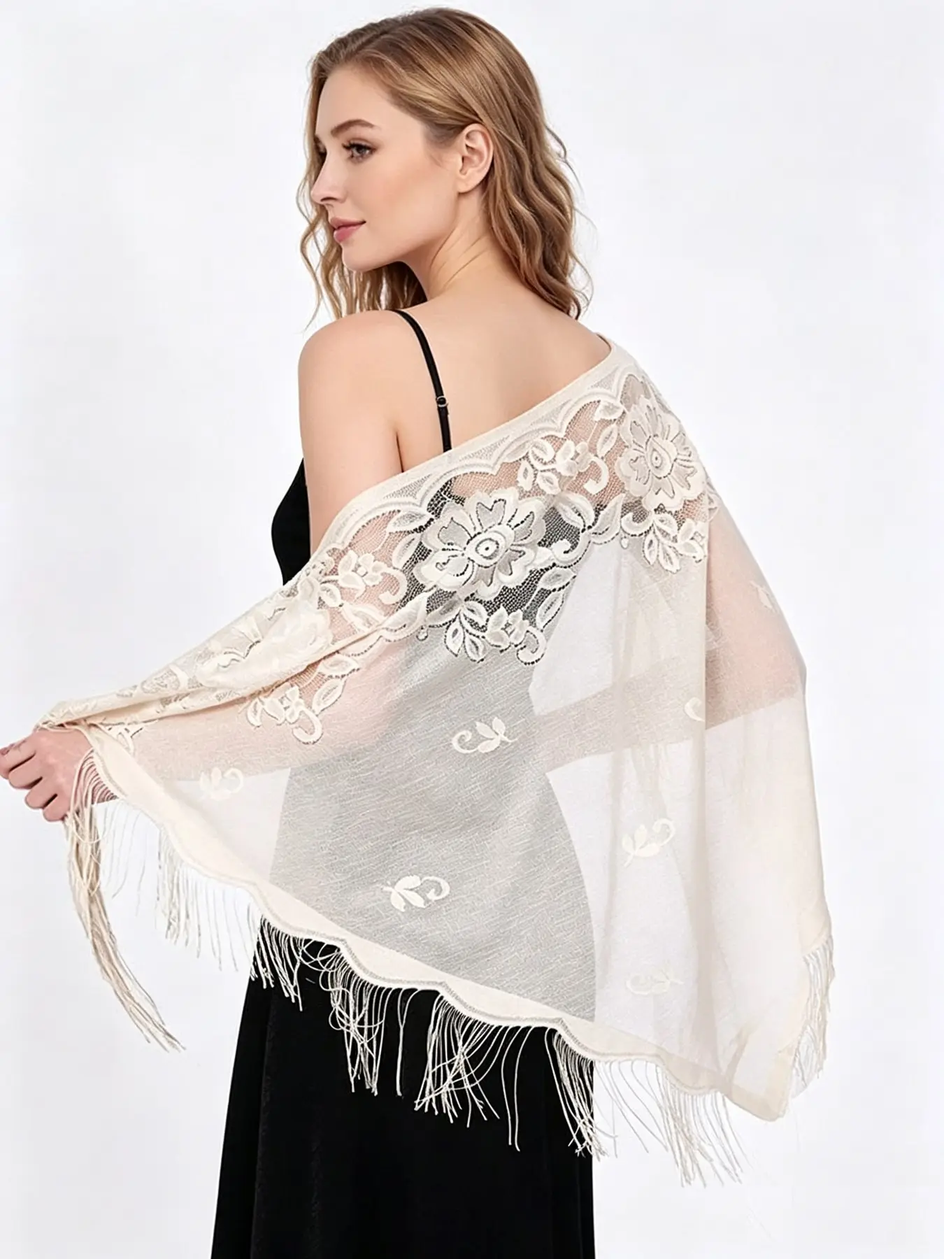 Women's New Embroidered Hollow Triangle Shawl, Plain Breathable Fringe Fashion Shawl, Versatile Daily Wear Accessory, Summer Shawl