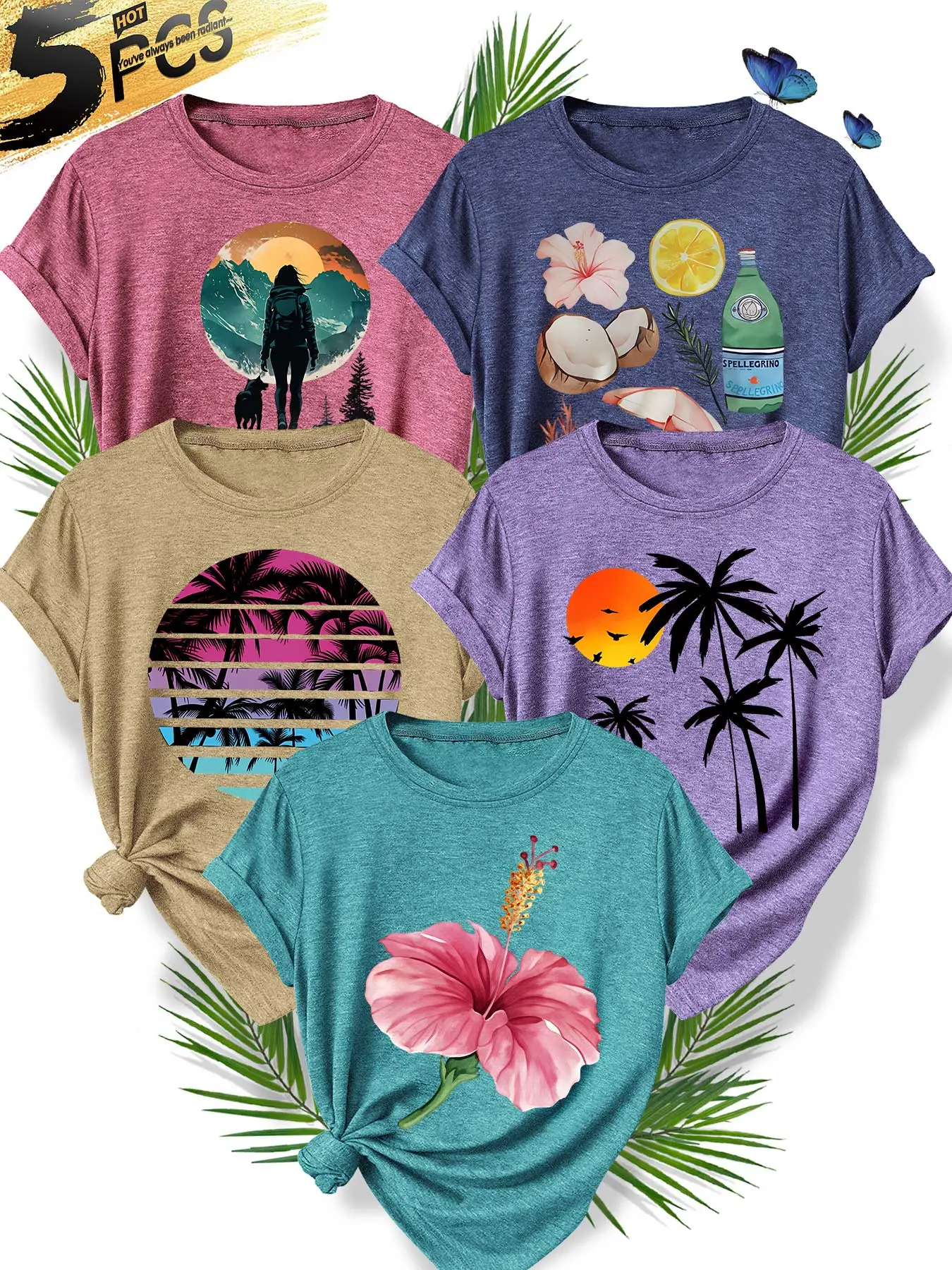 5Pcs Women Casual Crew Tee,Palm Sunset & Hibiscus Vacation Print,multi-color,washable,soft summer top,Summer Wear