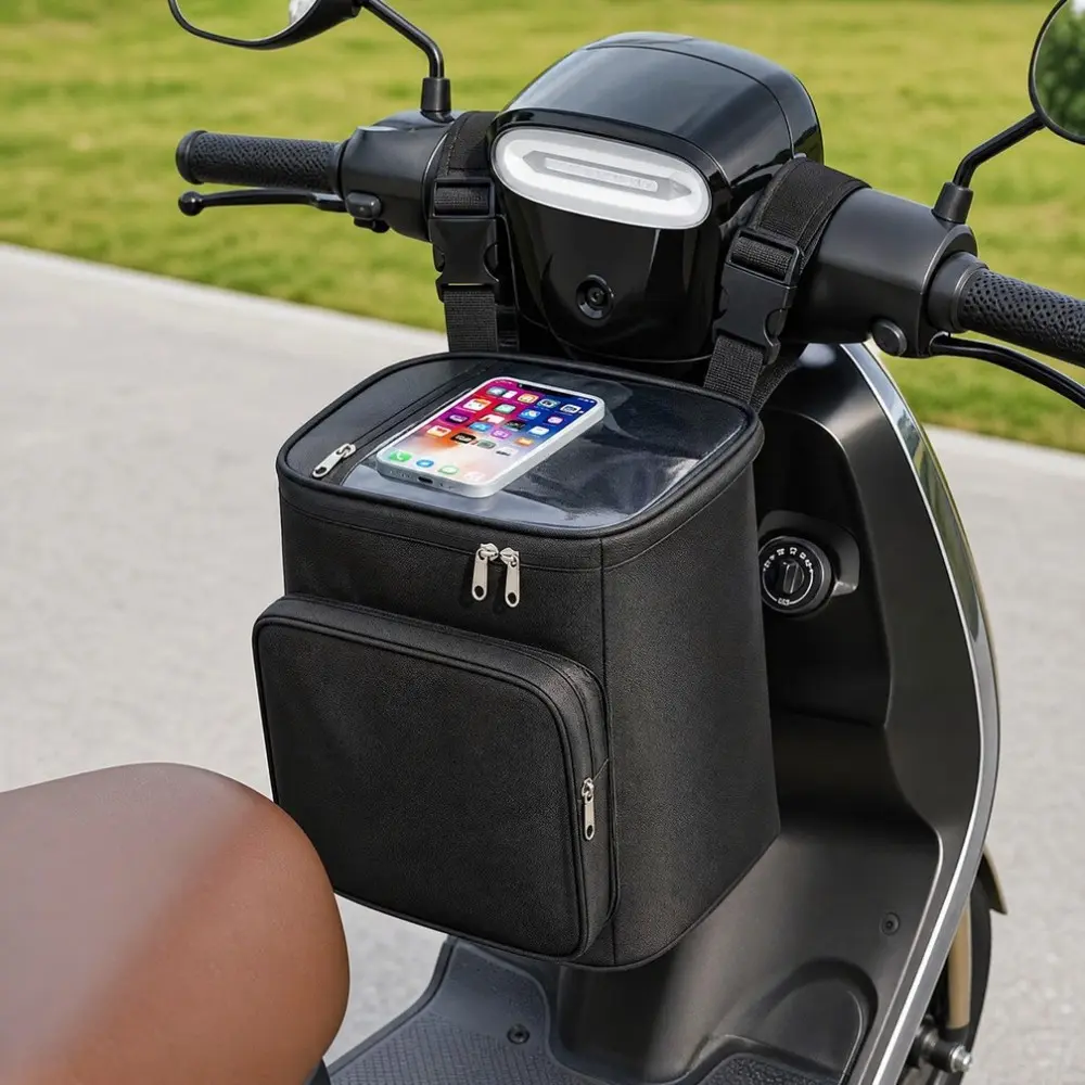 Electric Scooter Handlebar Storage Bag, Bike Accessory, Outdoor Cycling Accessories, With Touch Screen Phone Pocket Large Capacity Main Compartment Side Pouch, Waterproof Zipper Bag For E Bike Daily Commute Outdoor Riding