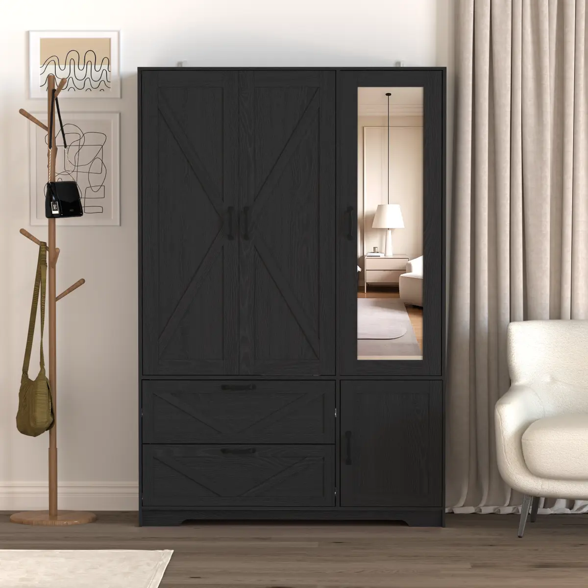 Aobtkel4 Doors Wardrobe Closet with Mirror, LED Wardrobe with Doors and 2 Drawers, Wooden Wardrobe Storage Cabinet with Hanging Rod, Adjustable Shelves, Black