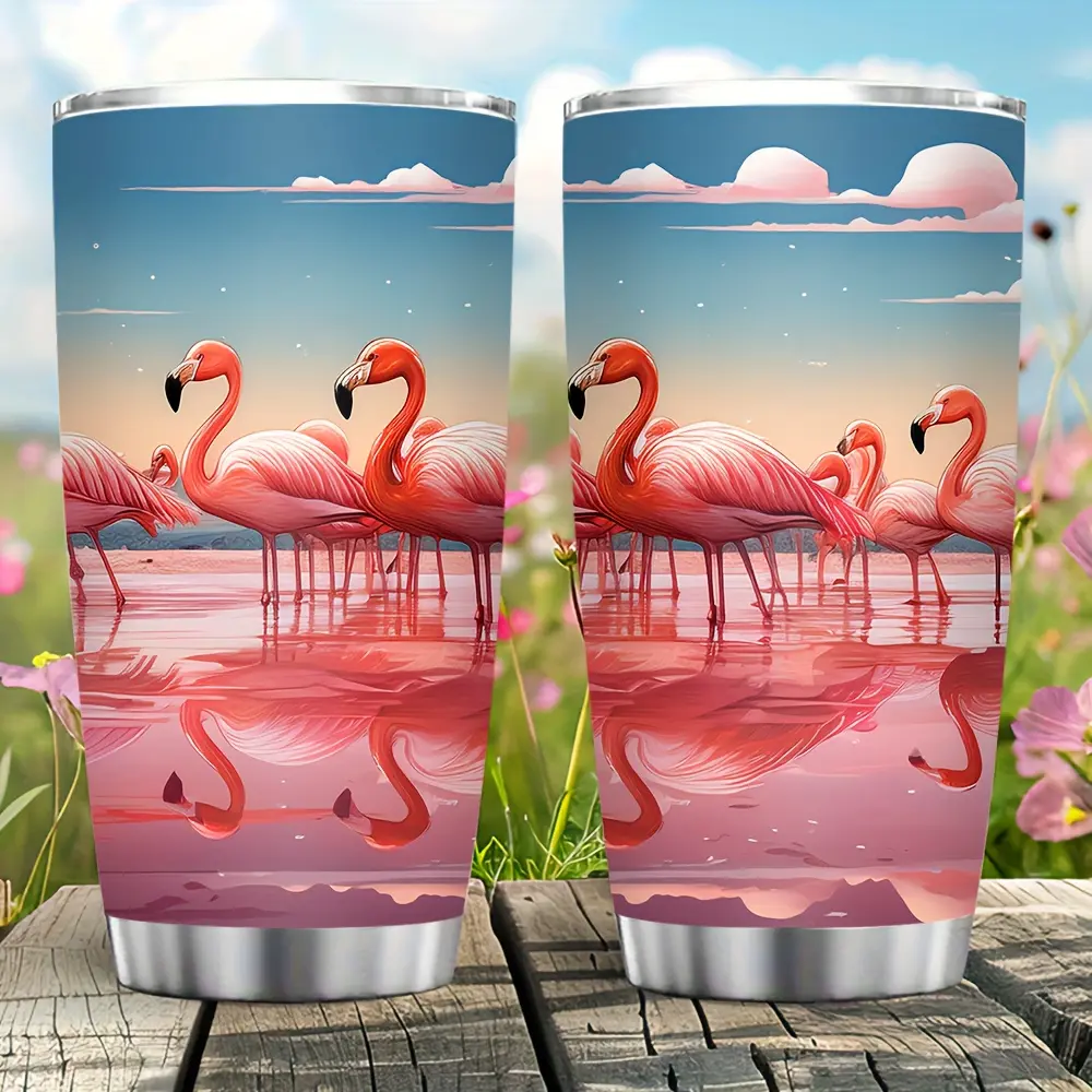 1 pink flamingo vacuum cup - cute flamingo and bird pattern, suitable for both hot and cold drinks, ideal for outdoor use, travel, and picnics, with vacuum insulation technology that keeps drinks hot or cold for hours