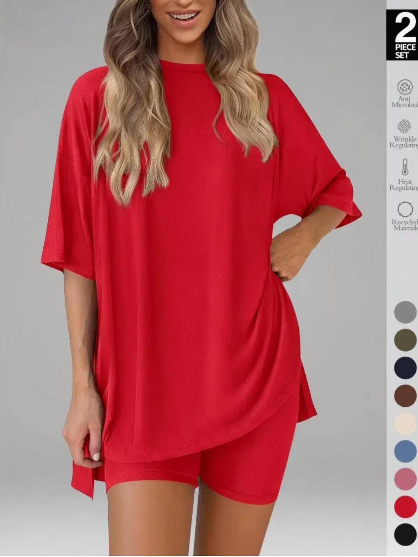 Women's Solid Color T-Shirt and Tight Shorts Loungewear Set, Casual Comfortable Round Neck Sleepwear for Summer, Features Pockets and Suitable for Outdoor Wear