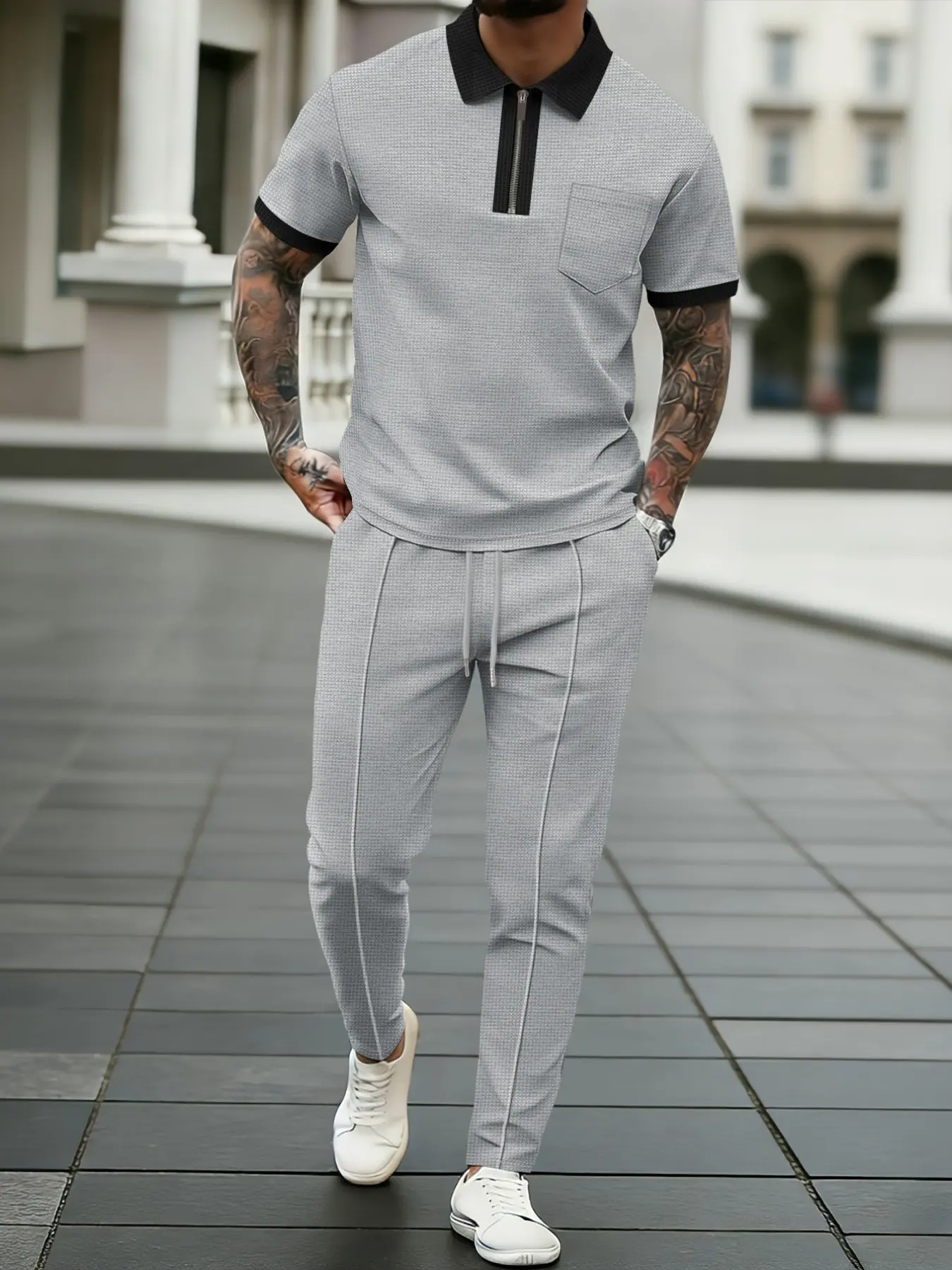 Men's Waffle Knit Polo Shirt, Menswear Color Block Half-Zip Pullover and Drawstring Pants, Casual Streetwear Two-Piece Set, Comfortable and Versatile Style, Outfit, Outfit Sets