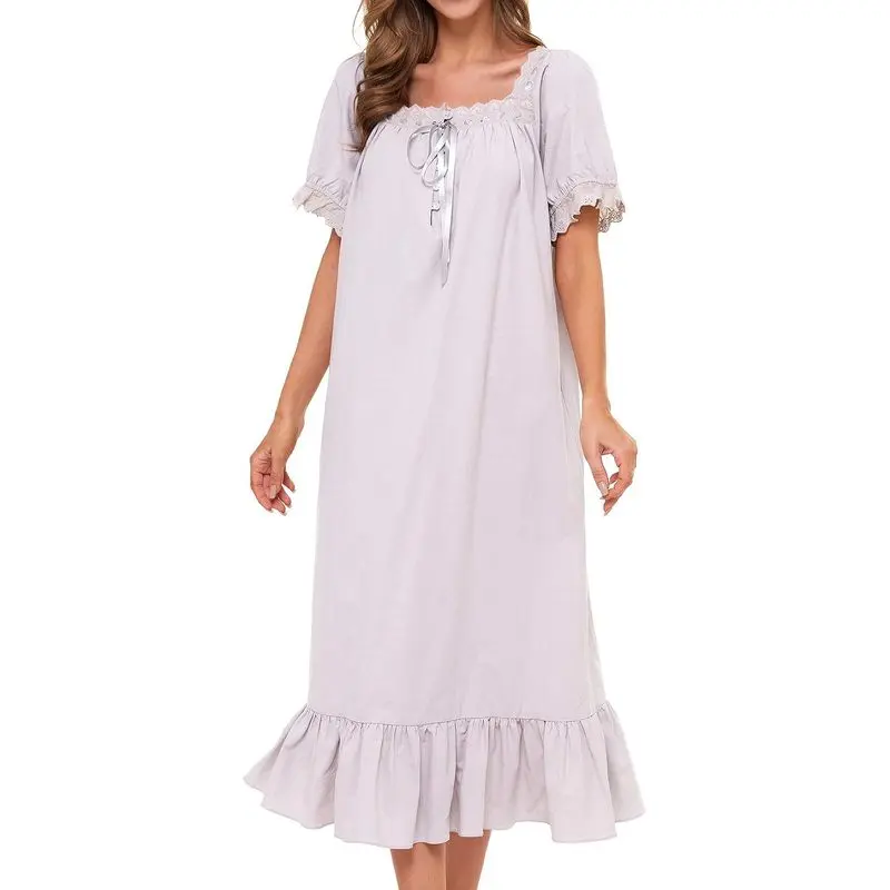 Women's Victorian Cotton Nightgown - Shortsleeve Vintage Long Nightwear with Lace Back, Valentine’s Home Loungewear for Sleep & Relaxing