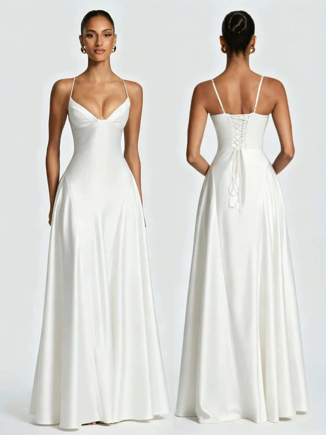 2026 Summer New European Style Solid Color Long Dress, Satin Spaghetti Strap Waist Cinch Evening Gown, Deep V Large Skirt Elegant Cocktail Dress