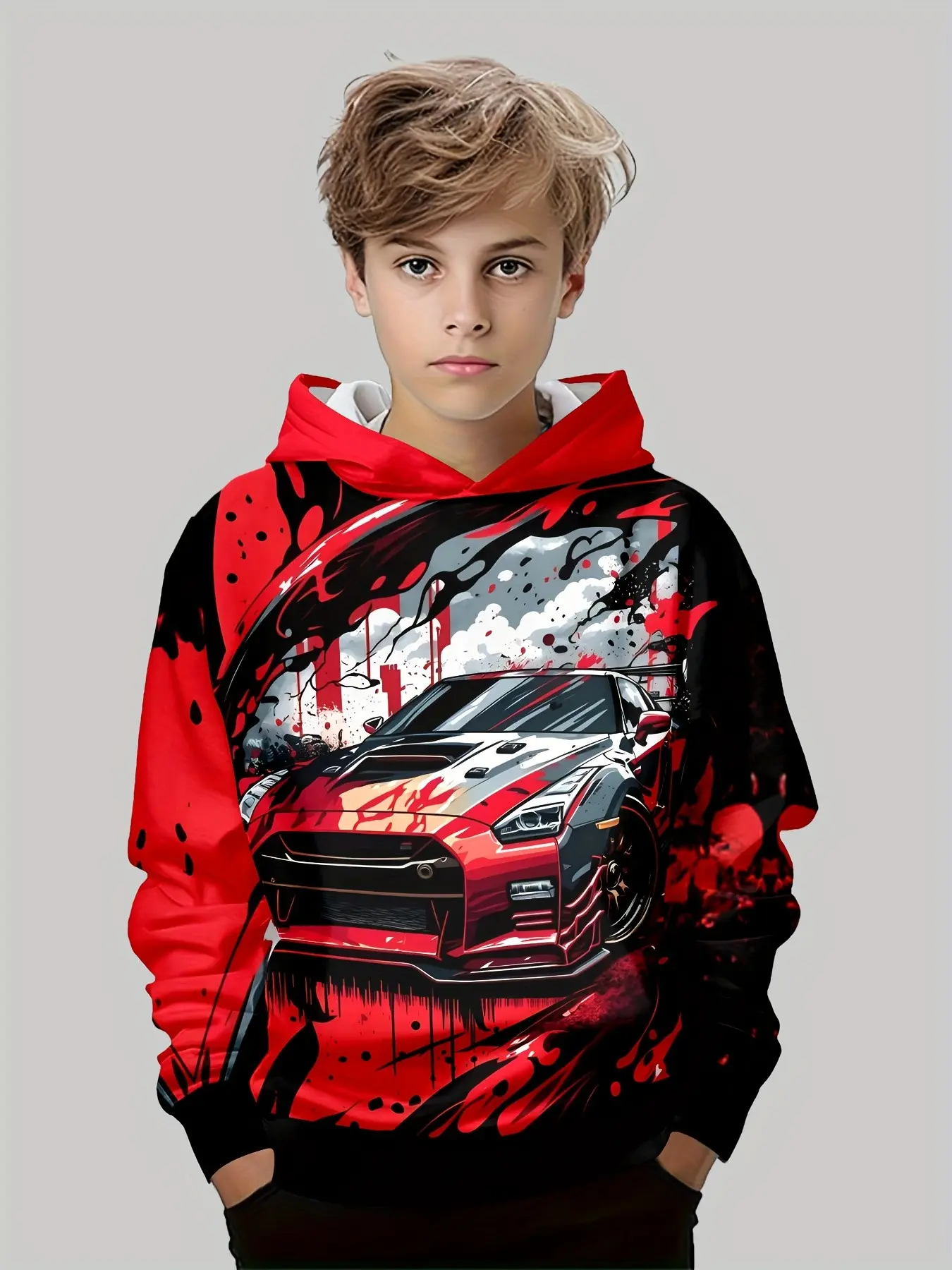 Racing Pattern Hooded Sweatshirt, 3D Print Fashion Pullover, Loose-Fit Casual Wear for Boys, Fall & Winter Clothing