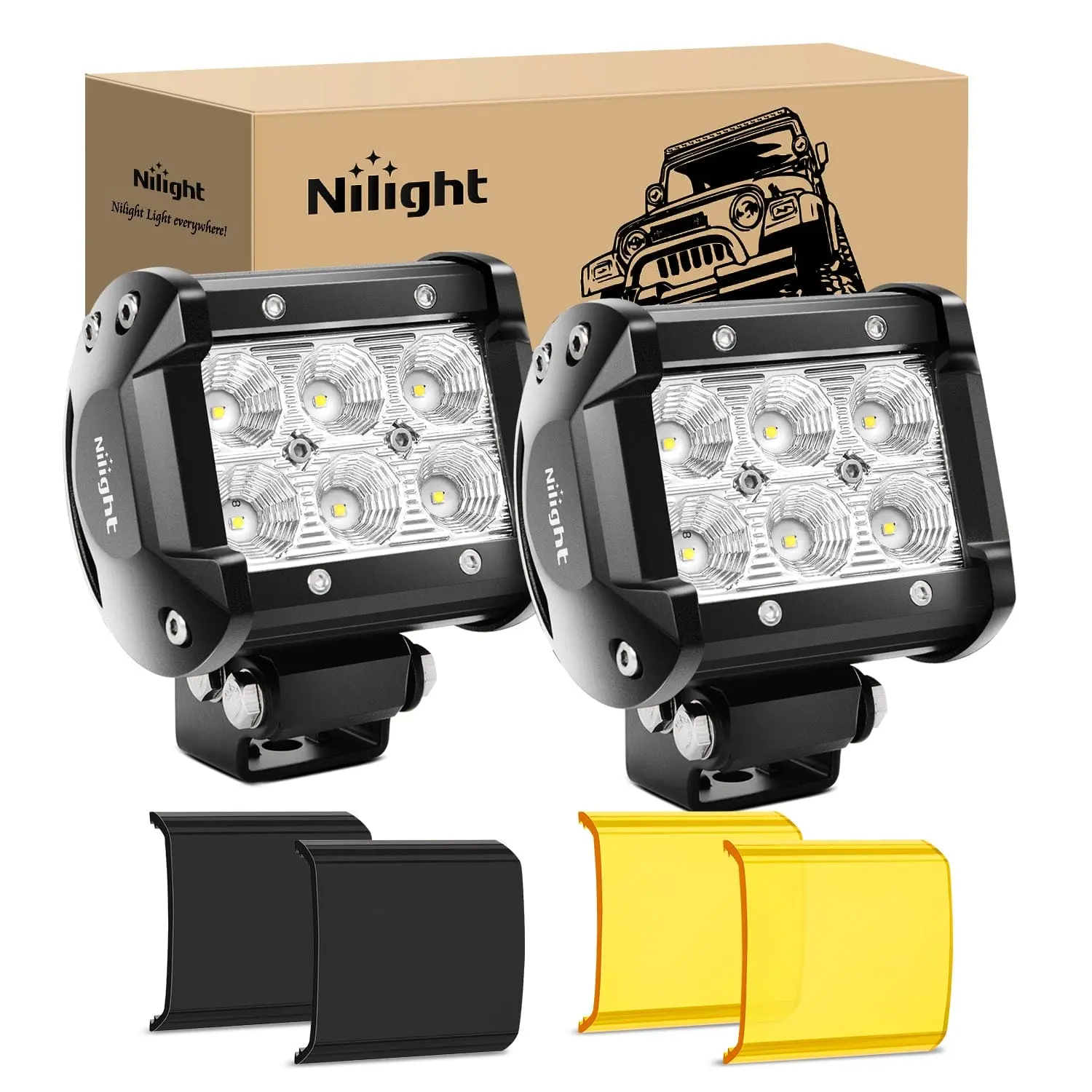 Nilight 4 In Flood Led Flood Pods, 18W Output, 1260LM, Aluminum Alloy, IP67 Rated, Backup Light with Amber/Black Covers (Pair), Outdoor, Flood Light
