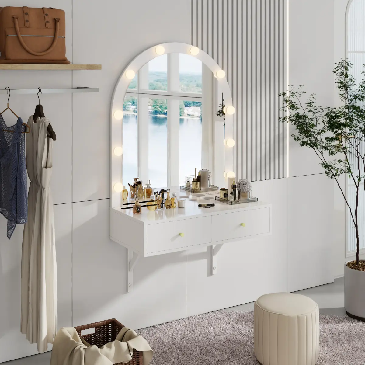 White Wall-Mounted Floating Makeup Vanity Desk with 3-Color LED Lights, Power Outlet, Compact Design, Large Storage, Mirror, Metal Frame & Engineered Wood by WL Homedecor