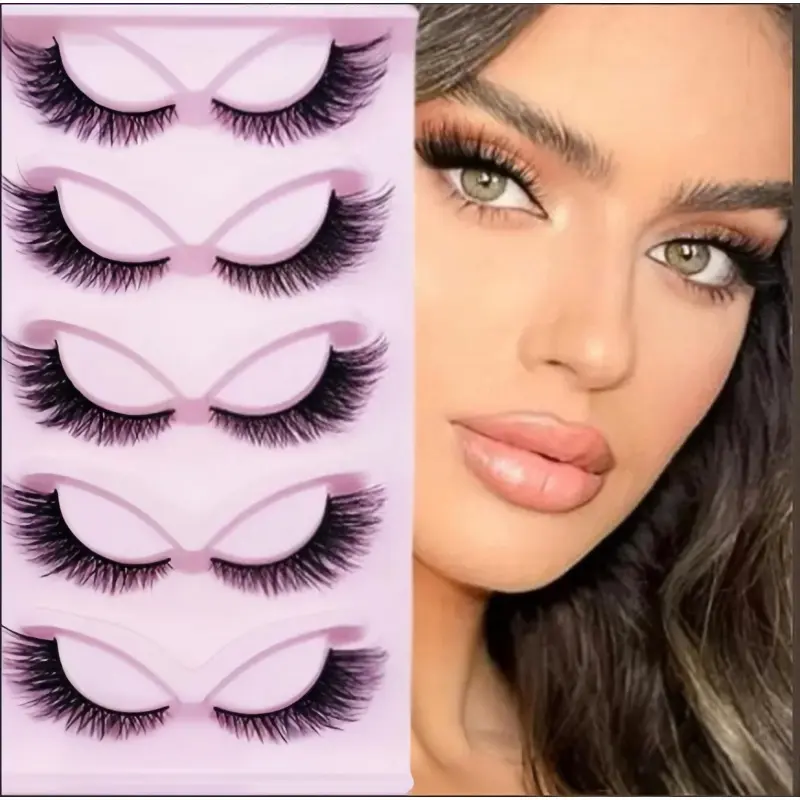 Cat Eye Strip Lashes for Adults, 5 Pairs Fluffy Natural-Look Cosmetic Lashes, Makeup for Party & Dating, False Eyelashes & Adhesives
