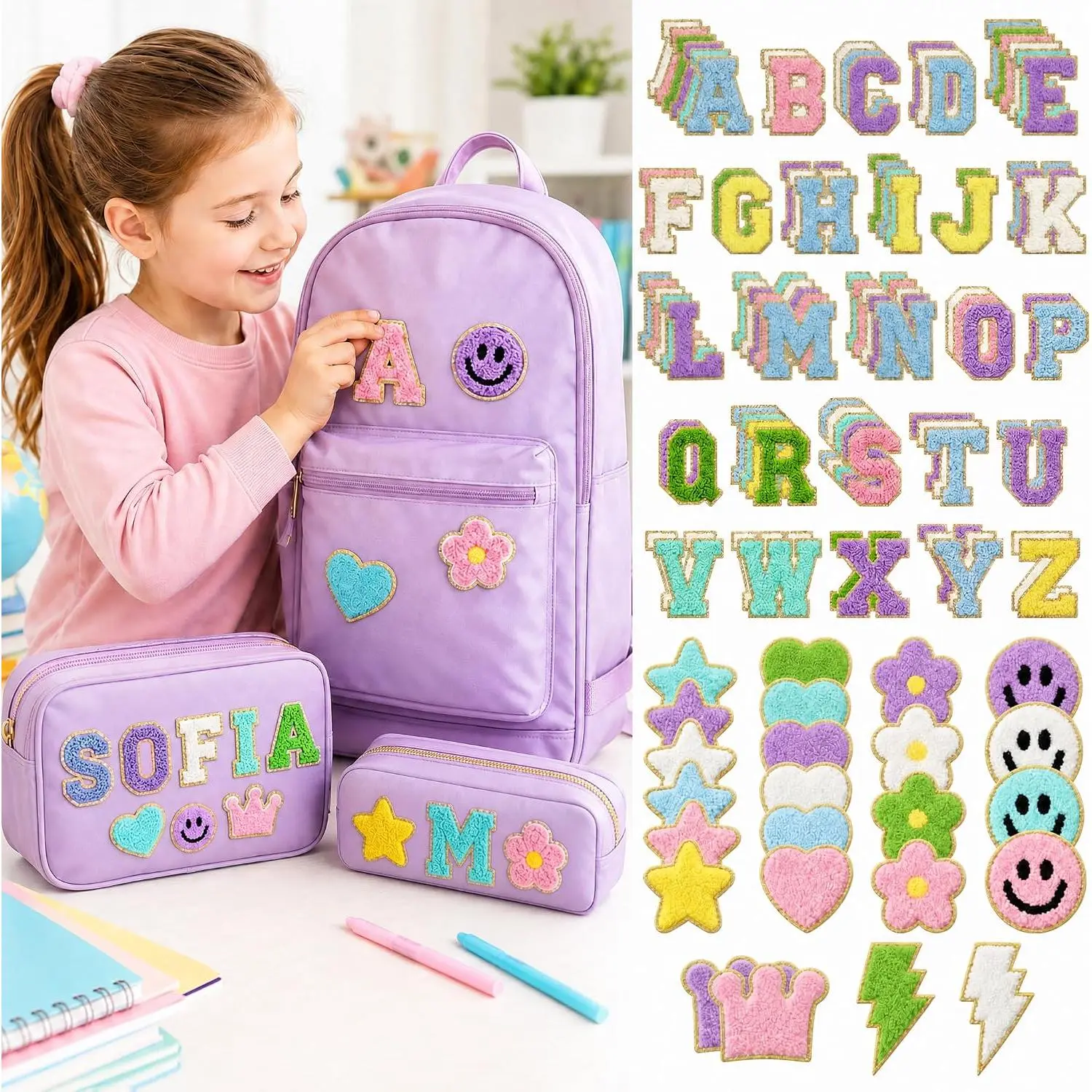 107Pcs Chenille Letter Patches, Iron On & Self Adhesive Embroidered Alphabet Patches, 83PCS A-Z Letters+24 Decor Icon Patches, Preppy Letter Patches for Backpack Clothing Lunch Bag, Back to School DIY Craft Decor Gift