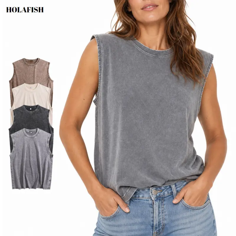 Holafish Oversized Womens & Mens Pure Cotton Workout Tank Tops Sleeveless Tee Shirts Unisex Gym Acid Wash T Shirts Running Beach Loose Fit Tee - Basic, Menswear summervibes