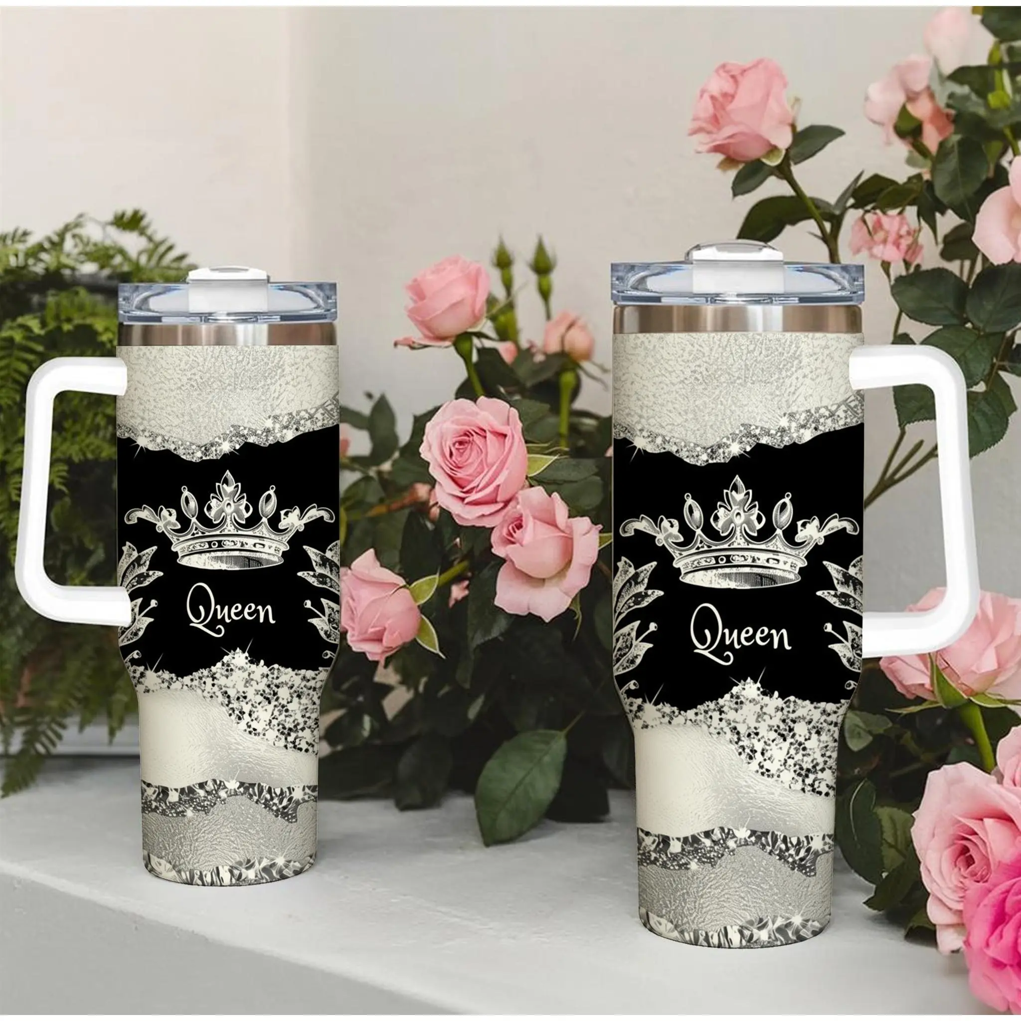 Women's 40oz Silver Glitter Queen Crown Insulated Tumbler - Stainless Steel Travel Coffee Mug with Handle Lid, Black Silver Marble Print Vacuum Flask (Kitchenware Drinkware Gift)
