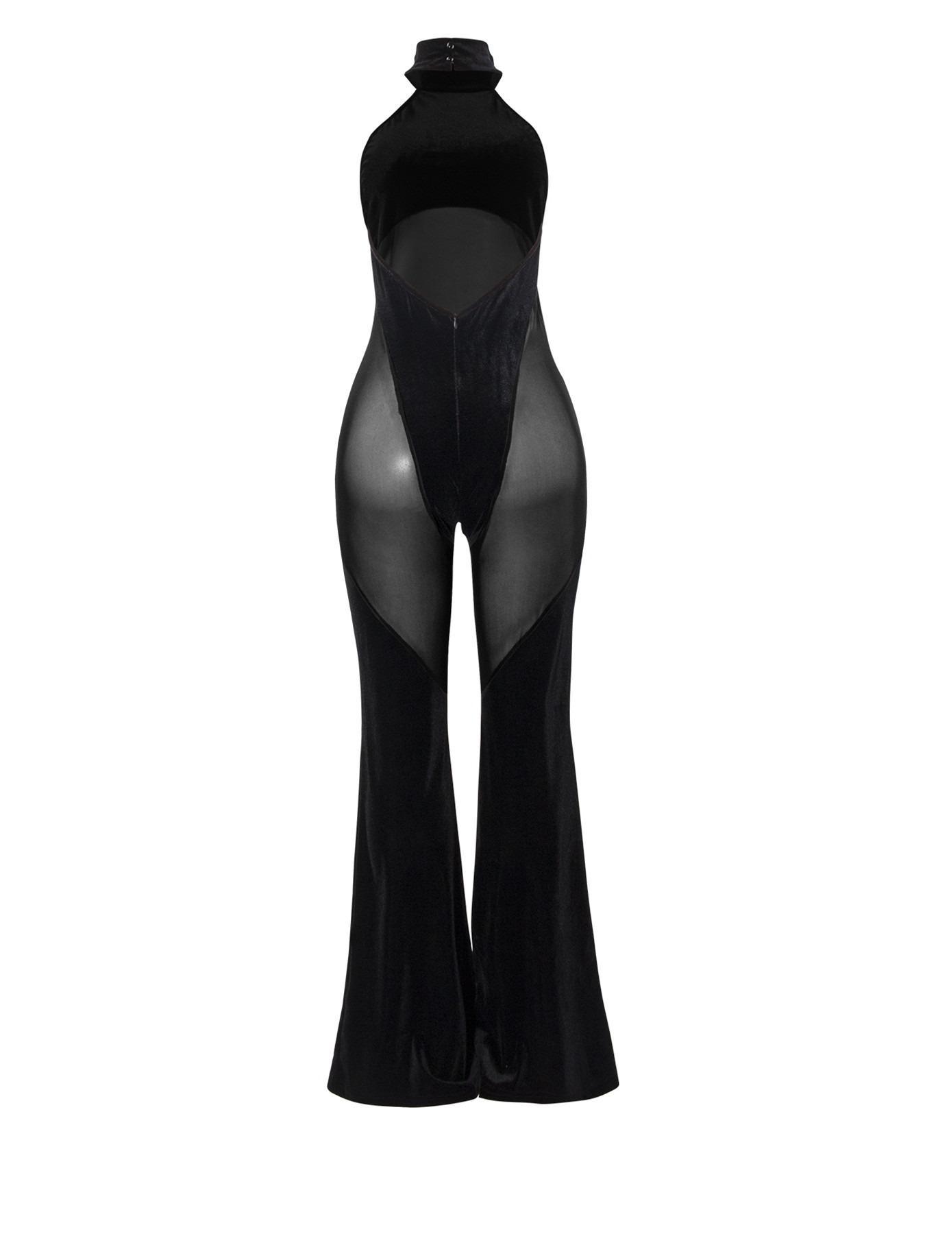 Women's Sheer Tulle Flare-Leg Sleeveless Halter-Neck Jumpsuit, Solid Drop-Waist Slim-Fit Jumpsuit for Summer, Party and Club