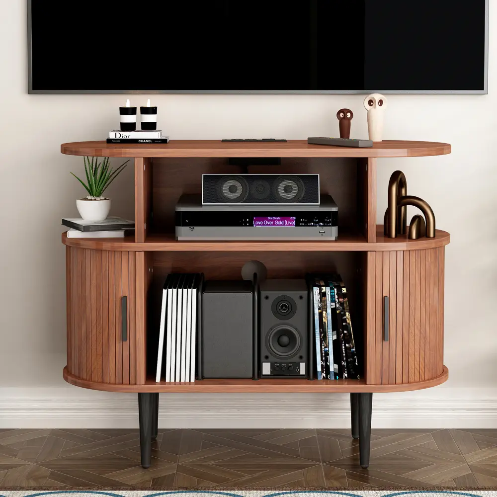 Large Round Record Player Stand with Charging Station & USB Ports, Mid Century Modern Turntable Stand Cabinet, Vinyl Record Storage Console Table, Audio Equipment Rack for Bedroom Living Room, Retro Music Player Cabinet with Storage Shelves, Walnut Finish