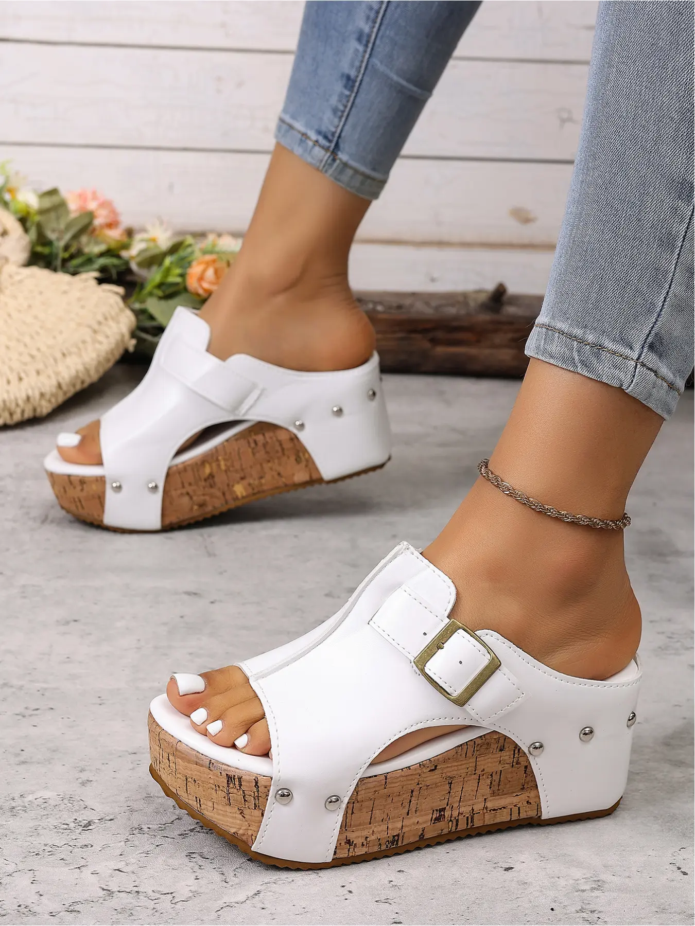 Versatile Daily Side Cutout Studded Buckle Platform Wedge Slides, Open-Toe Summer Women's Shoes
