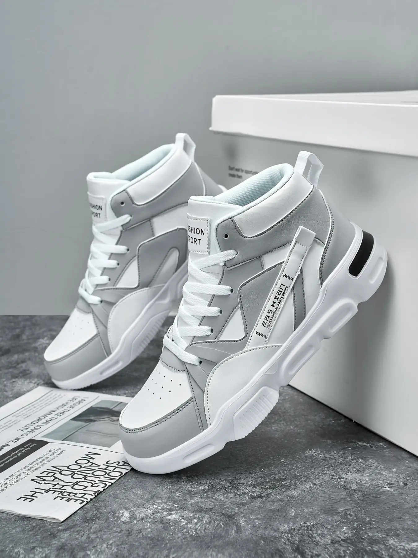 Men's Fashion Patchwork High-Top Casual Sneakers, 4cm Heel Lift, Shock Absorbing Sole, Ankle Support, All Seasons, Streetwear Style