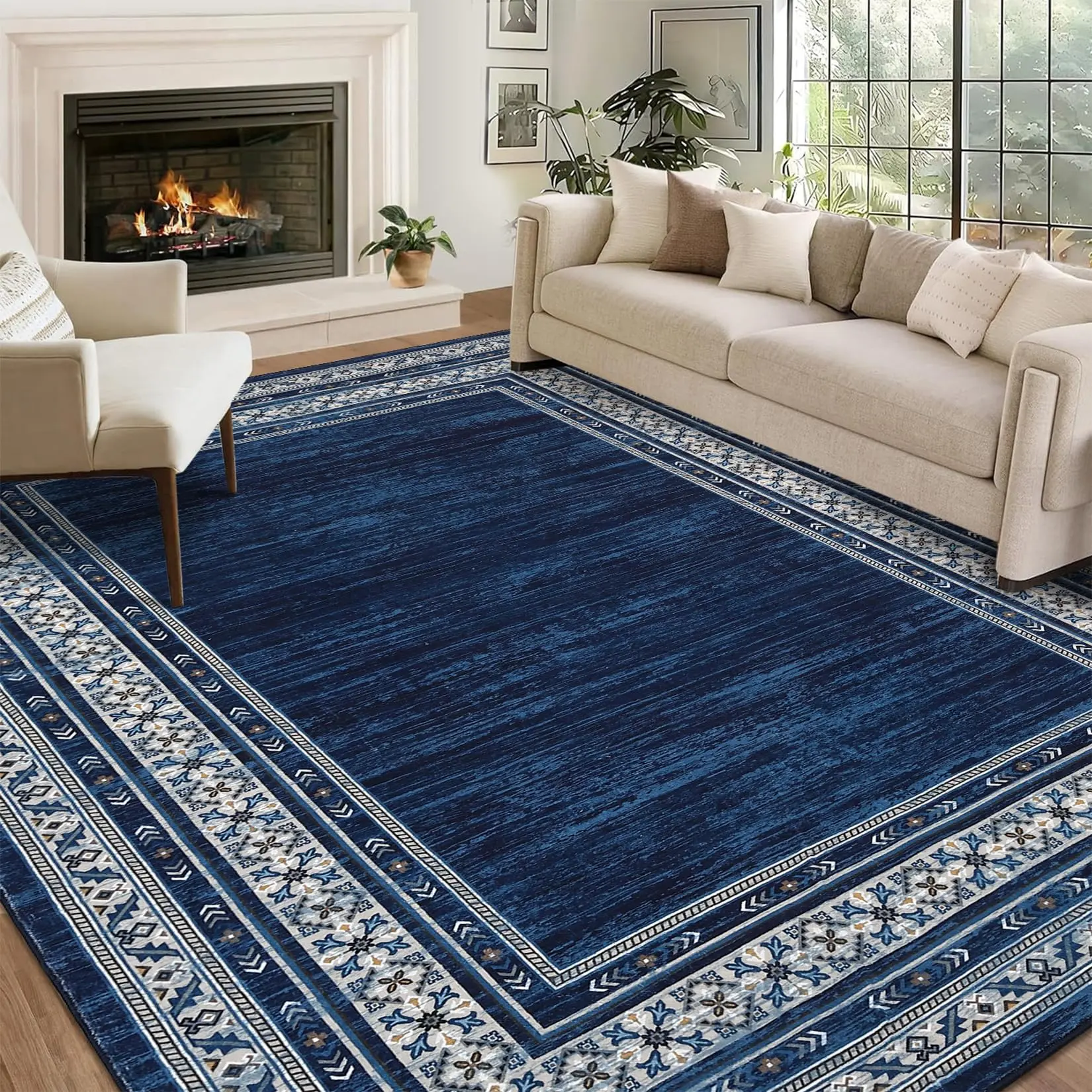 Garvee Washable geometric carpet Garvee, soft, modern, living room, bedroom, large, non-slip, for dining room, ultra-thin, bordered, floor covering for children's room, office, blue