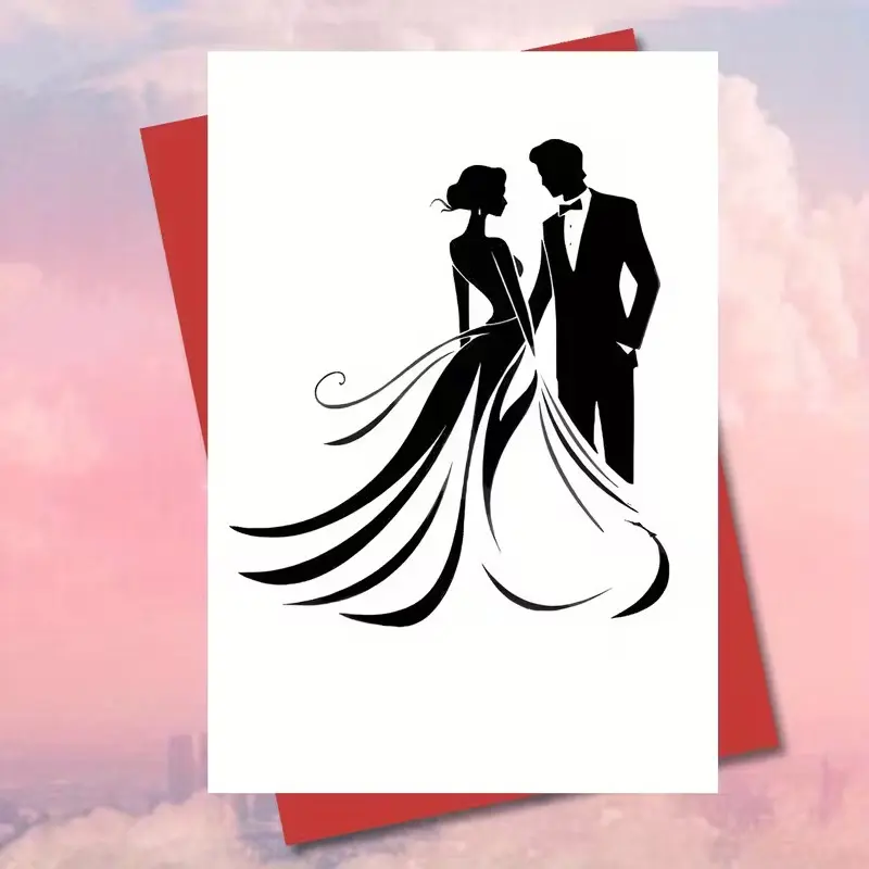1pc Elegant Wedding Greeting Card for Newlywed Couple, Minimalist Bride and Groom Silhouette Design, Romantic Congratulations Card for Wedding Wishes & Engagement Gift, Blank Inside with Envelope