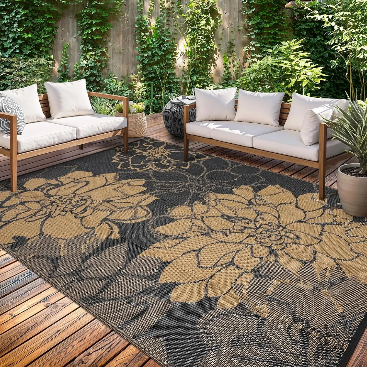 Gaomon Woven Outdoor Plastic Mat - Brown Garden Rug, Non Slip Outdoor Mats, Easy Clean Carpet, Decorative Area Rug, and Flower Pattern Carpet