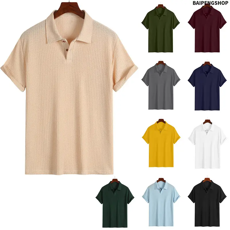 Men's Chic Jacquard Polo Shirt - Breathable Polyester Knit, Casual Regular Fit Short Sleeve Male Top for Summer Daily Wear, Xxl