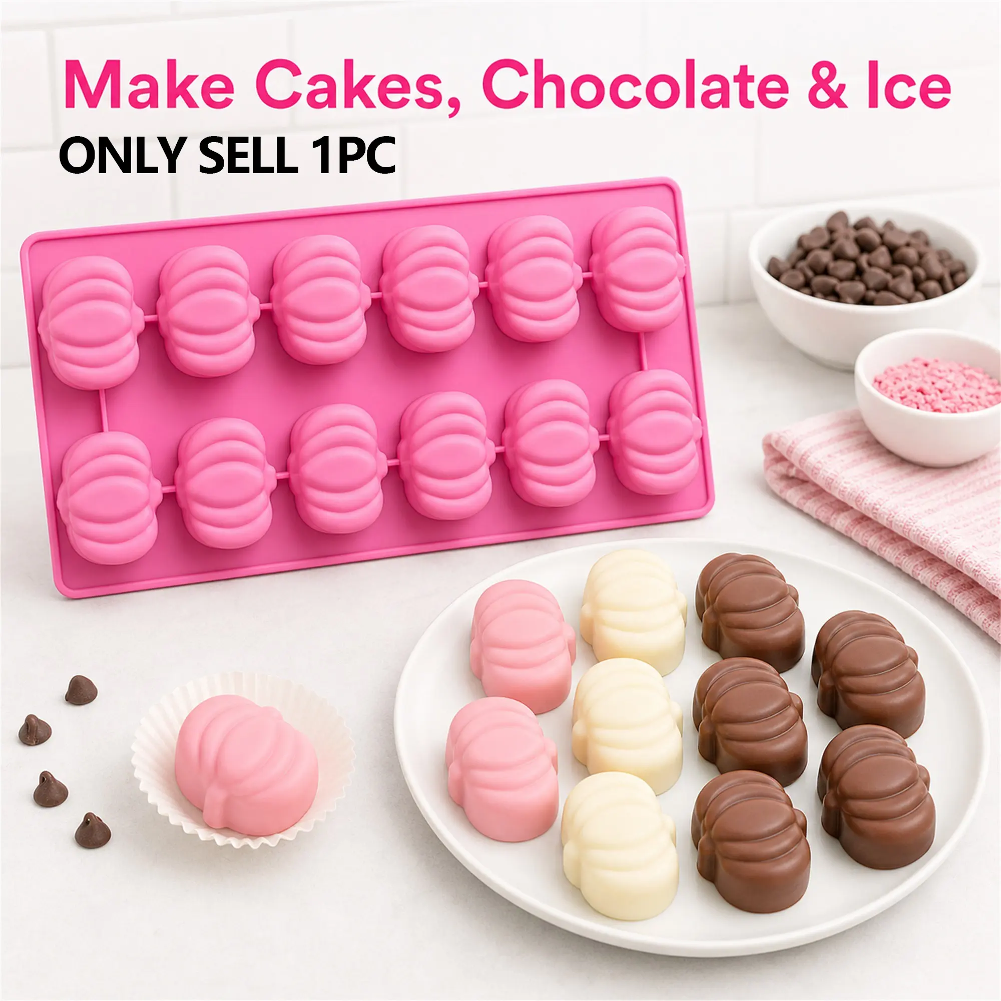 12-piece silicone mold for pumpkin chocolate candies, pumpkin-shaped ice mold, Halloween-themed, heat-resistant and reusable, suitable for making pumpkin candies, soft candies, chocolates, jellies, and cookies
