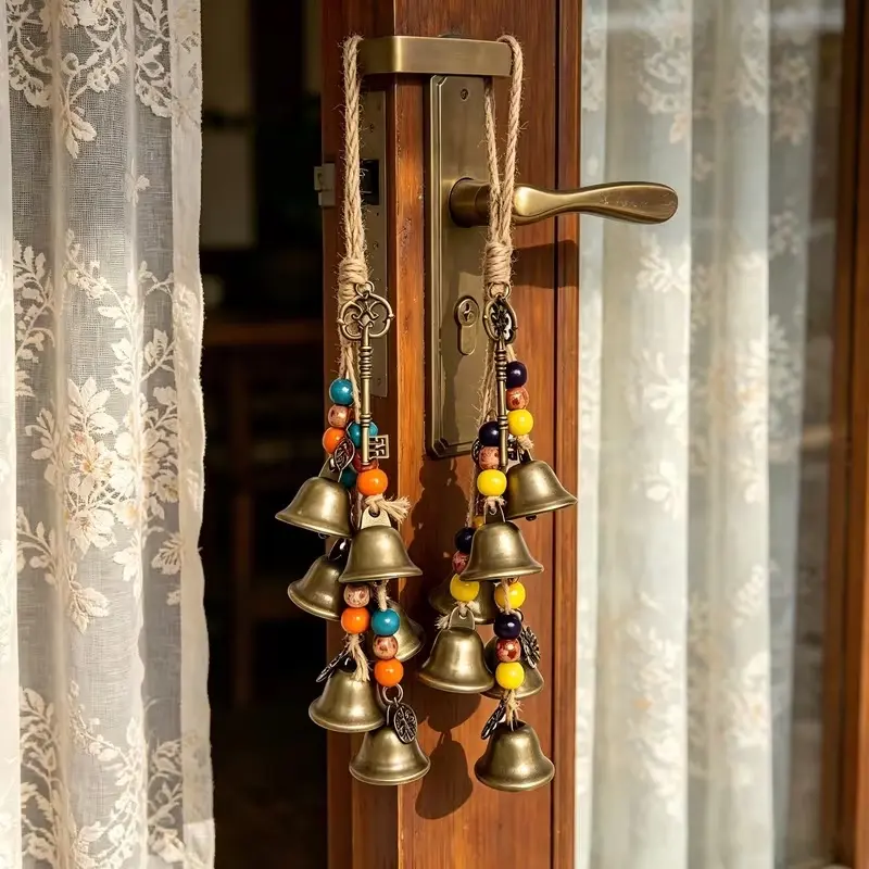 Bohemian Vintage Brass Bell Wind Chimes with Colorful Beads, Handmade Hanging Ornament for Home Door And Wall Decor, Retro Rope Wind Chime for Boho Room Aesthetic