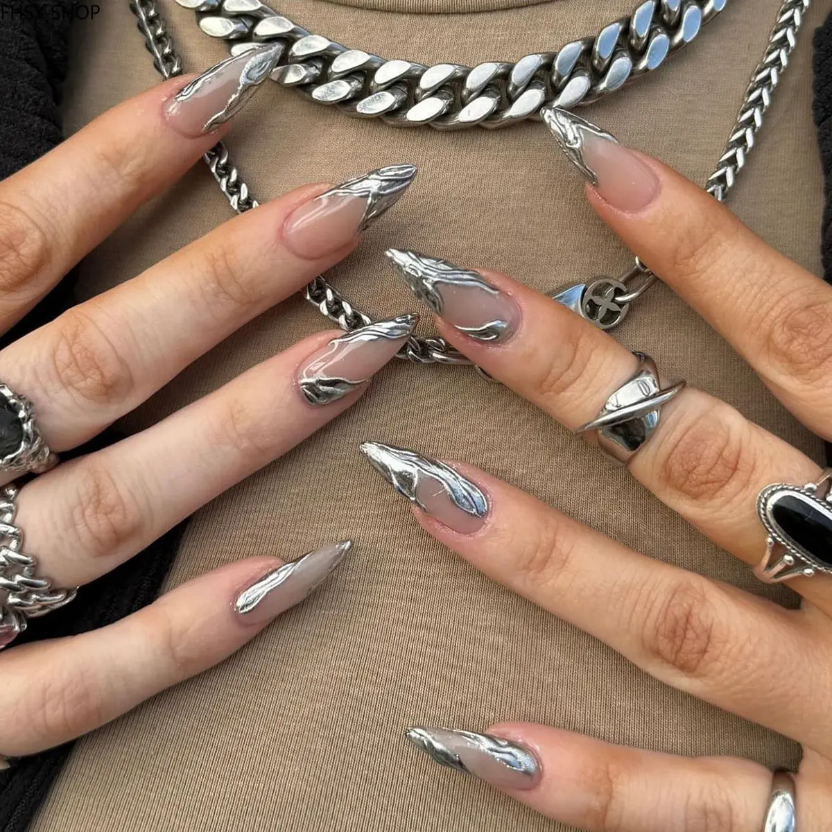 24Pcs 3D Silver French Press-On Nails, Short Almond Detachable Fake Nails with Raised Metallic Accents, Glossy Removable Manicure Set for Women, Perfect for Daily Office, Parties & Gift Giving