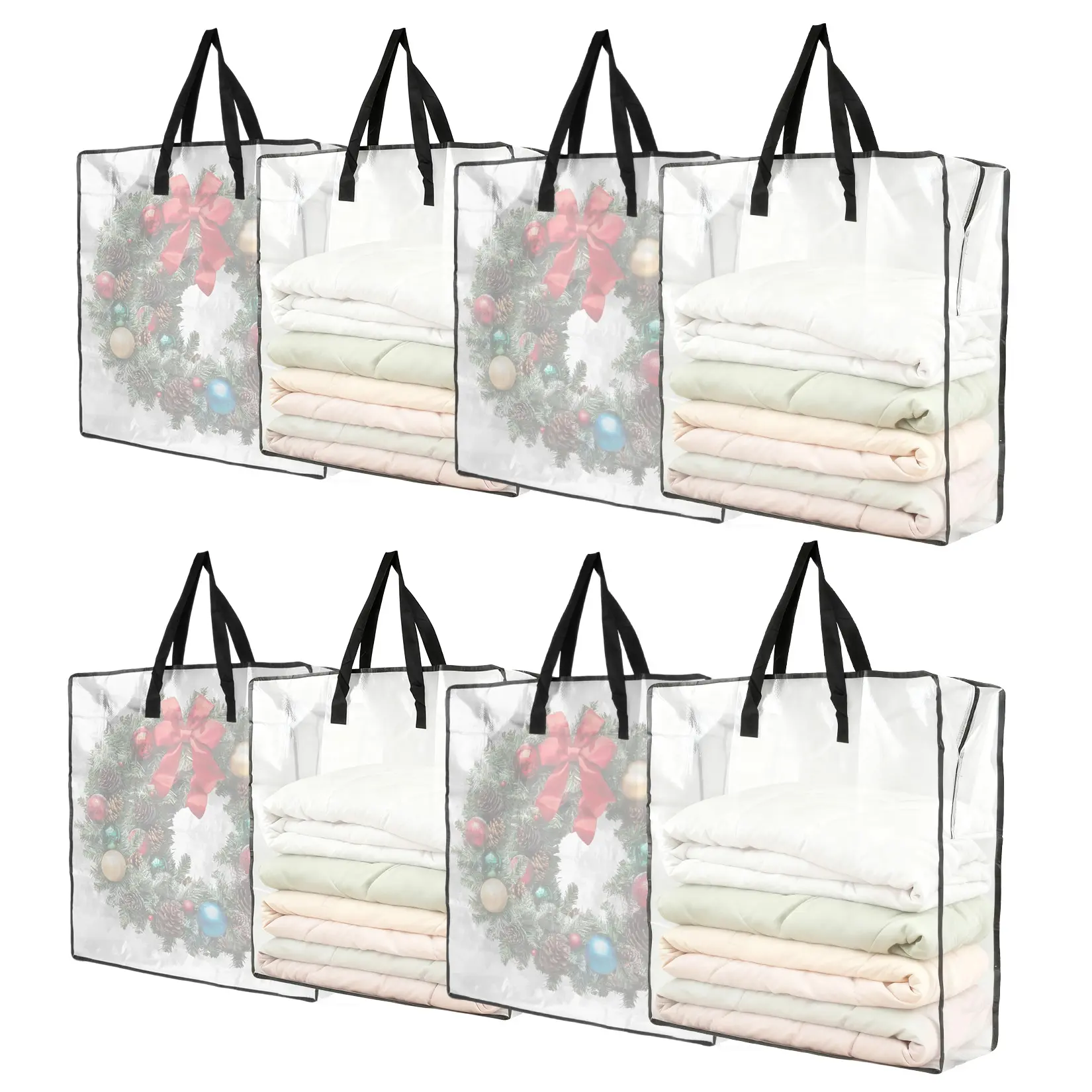 Clear Plastic Wreath Storage Bags 8 Pack - Large 25 Gallon Organizer with Handles & Zipper - Transparent Container for Christmas Garlands, Holiday Decor, Bedding, Camping Gear - Size 66×66×22cm