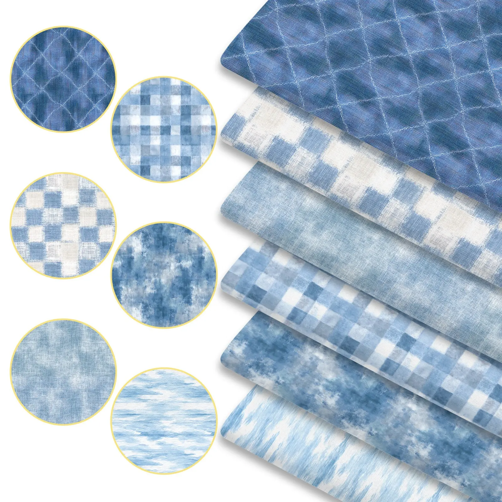 Blue Washed Plaid Patchwork Fabric Set (6 pcs) | 45×50cm Cloud-Dyed Gradient DIY Craft Casual Fabric | Preppy Aesthetic Material for Bags, Headbands, Pillow Covers & Home Decor