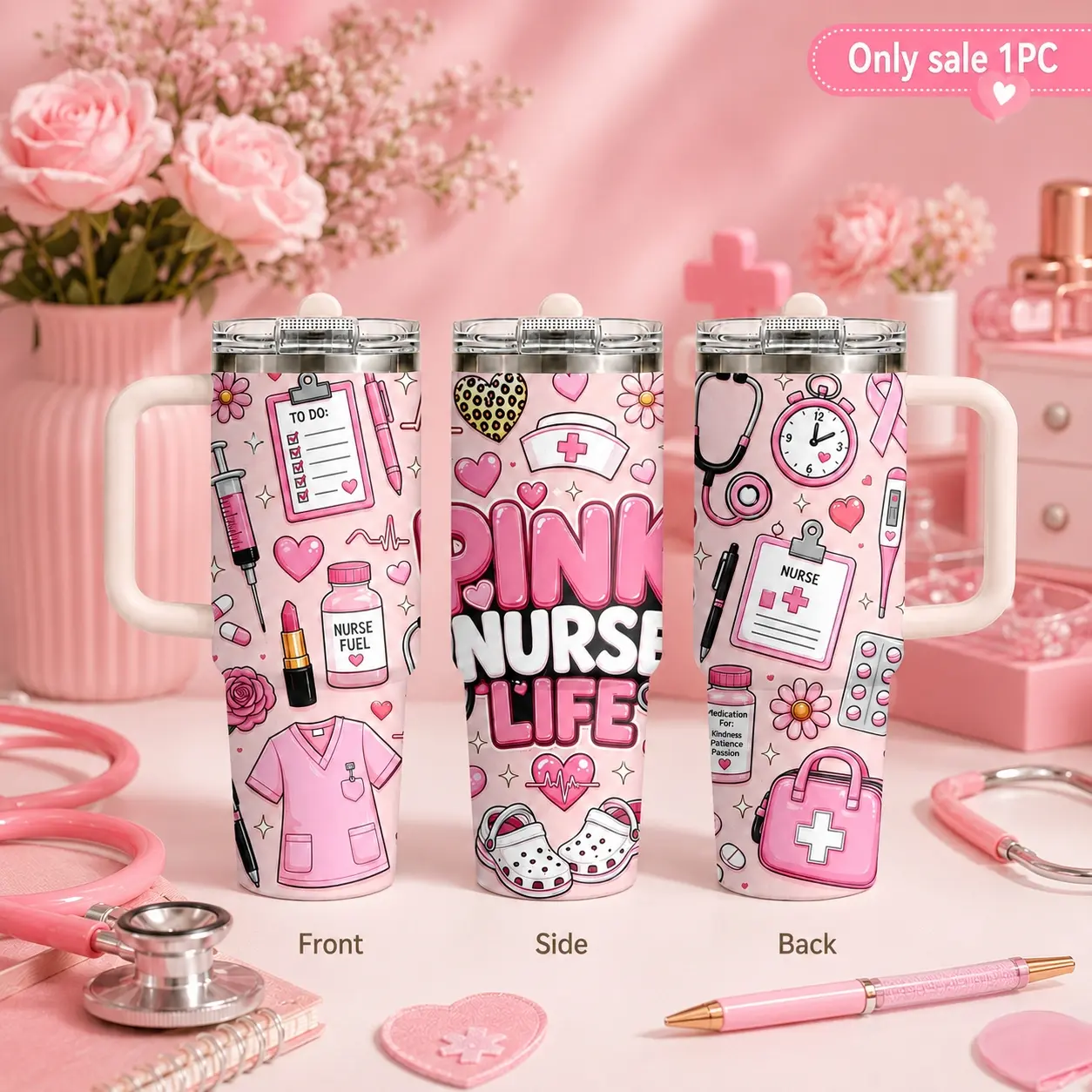 Cute cartoon doctor nurse costumes Vacuum Flasks 40oz 3rd Gen Vacuum Insulated Tumbler with Handle & Straw Lid, Leak-Proof Stainless Steel Travel Mug for Water, Coffee, Gym, Office, Car Cup Holder