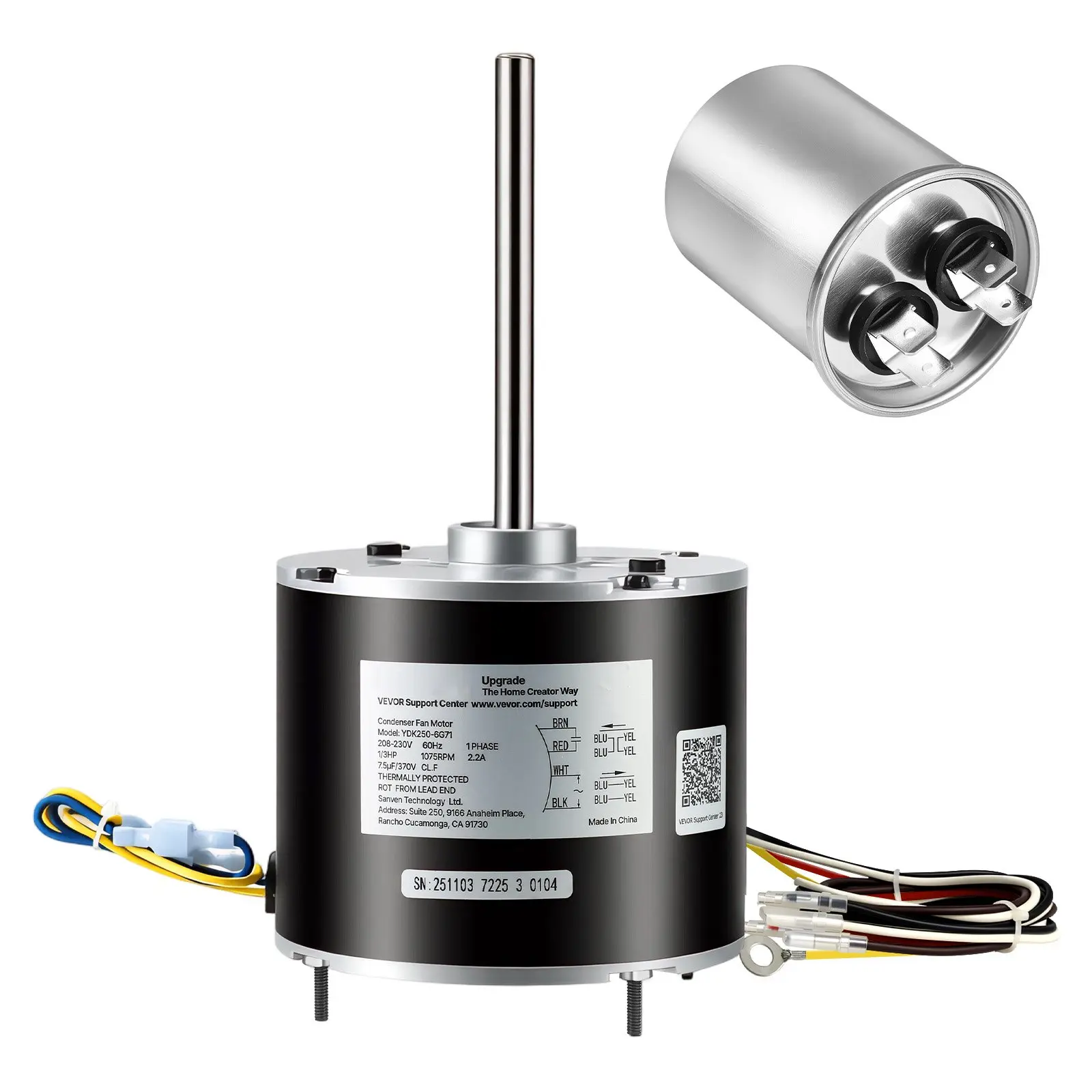 VEVOR Condenser Fan Motor with Capacitor, 1/3HP 1075RPM 208-230V, Compatible with GE Genteq K55HXGDD-81195 5KCP39GGY209AS, Fasco D925 D7908, Dayton EM3729F, Century FSE1036SV1, Rheem Ruud 51-100998-05