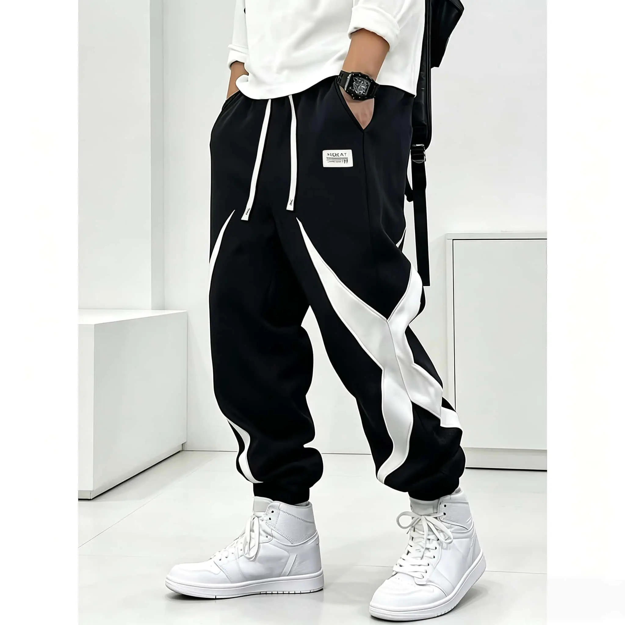 Plus Size Men's Streetwear Color Block Jogger Pants, Stylish Black & White Contrast Patchwork Design, Elastic Drawstring Waist, Loose Fit Casual Sweatpants with Pockets, Perfect for Daily Streetwear & Sports,back to school,back to school haul