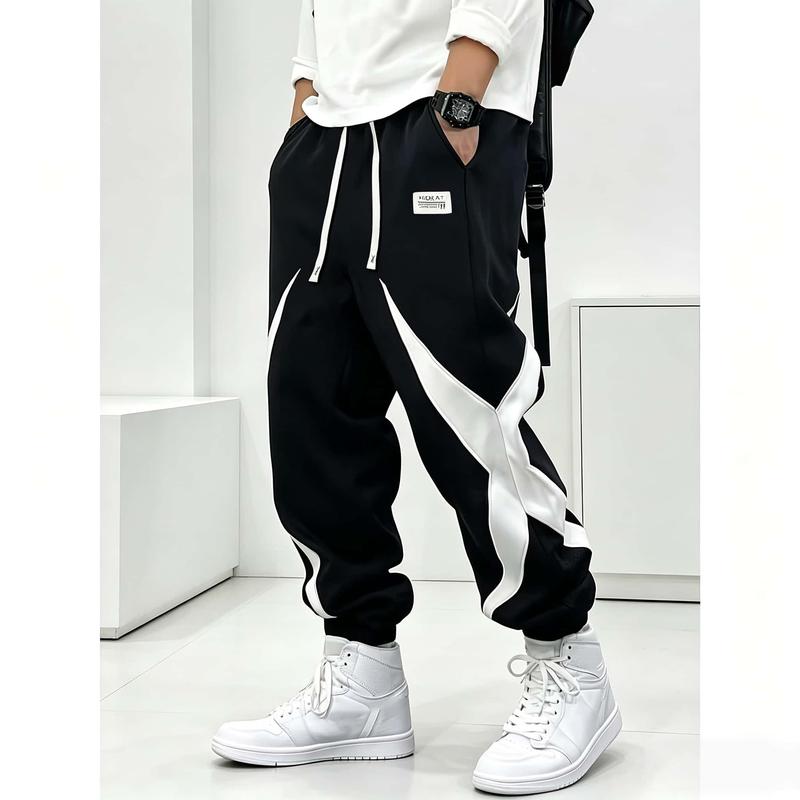 Plus Size Men's Streetwear Color Block Jogger Pants, Stylish Black & White Contrast Patchwork Design, Elastic Drawstring Waist, Loose Fit Casual Sweatpants with Pockets, Perfect for Daily Streetwear & Sports