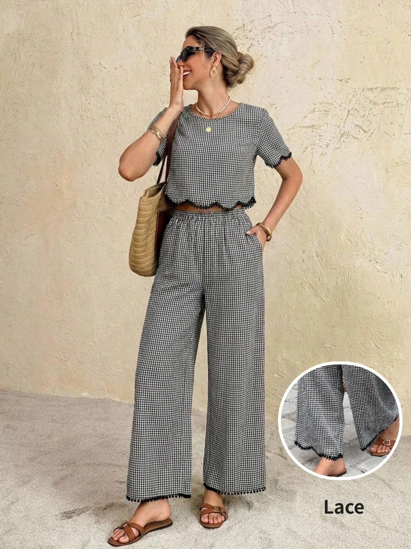 Women's Gingham Houndstooth Matching Set | Short Sleeve Crop Top & Wide Leg Pants Casual Lightweight Summer Vacation Outfit Clothes