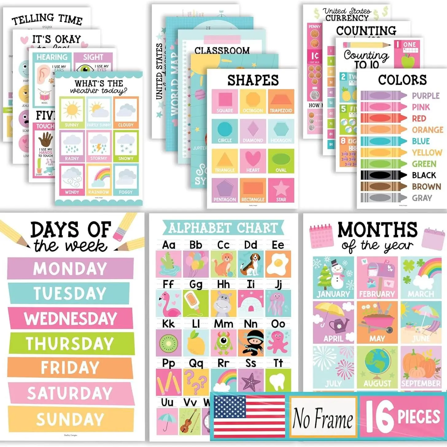 16-Piece Toddler Education Poster Set, Alphabet Learning Posters for Kids Ages 1-5, Classroom & Home Decor, Essential for Preschools