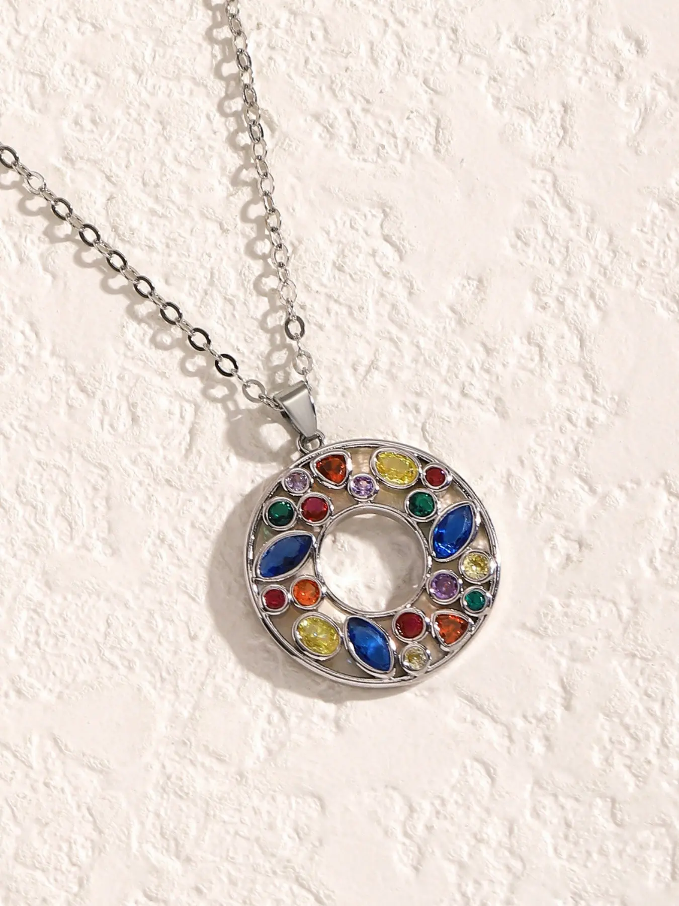 Colorful Donut Necklace, Elegant Lightweight Luxury Pendant Necklace, Vintage Colorful Hollow Silver Geometric Ring Pendant Necklace