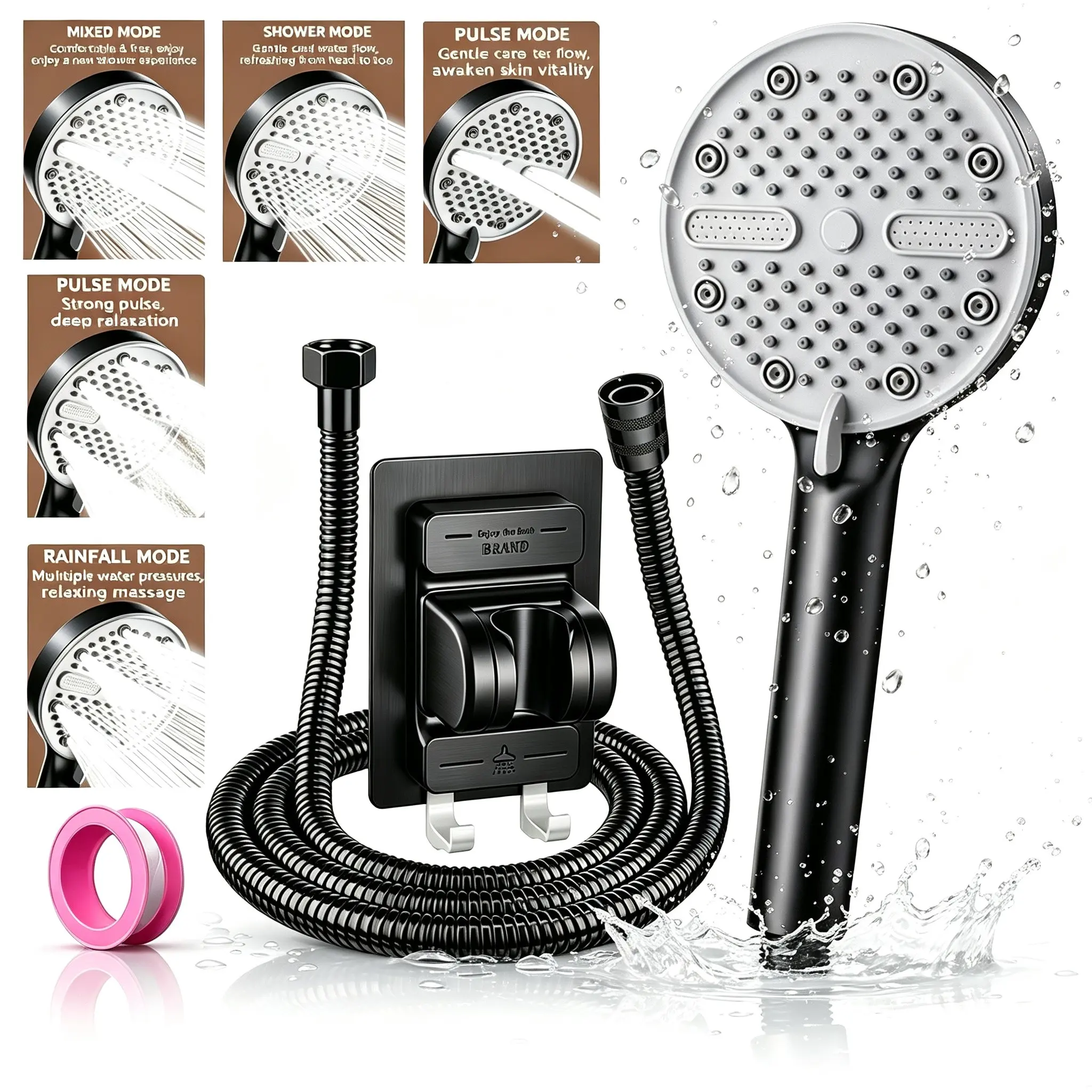 5-Head Shower Head Set with 59-Inch Hose and Bracket, Large Panel Handheld Shower Head, Bathroom Upgrade Kit, Home Essentials, Shower Head Combo