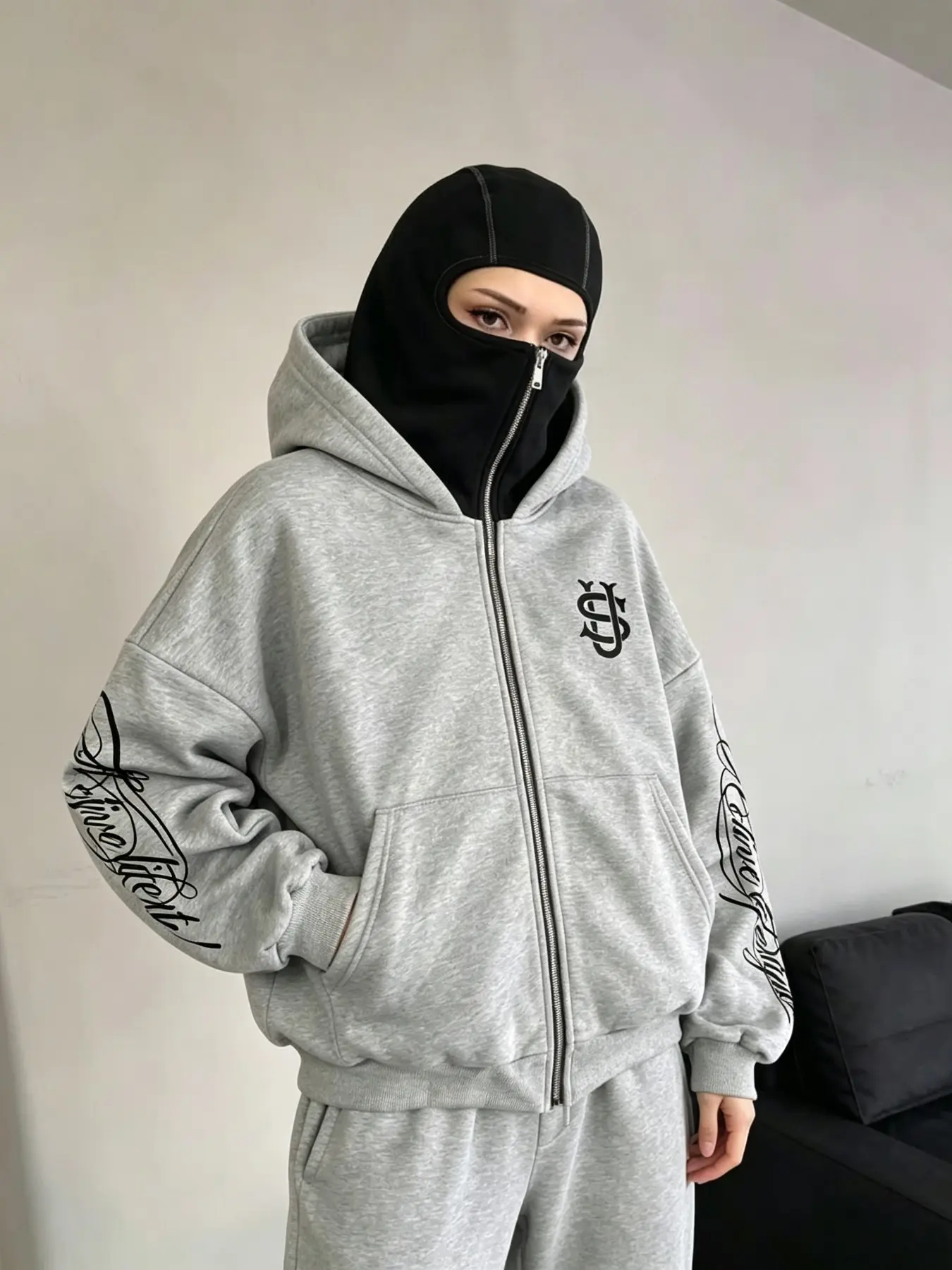 American Street Style Fake Two-Piece Hooded Zipper Sweatshirt for Women, Loose Fit Fall Winter Open Front Jacket, Casual Outerwear