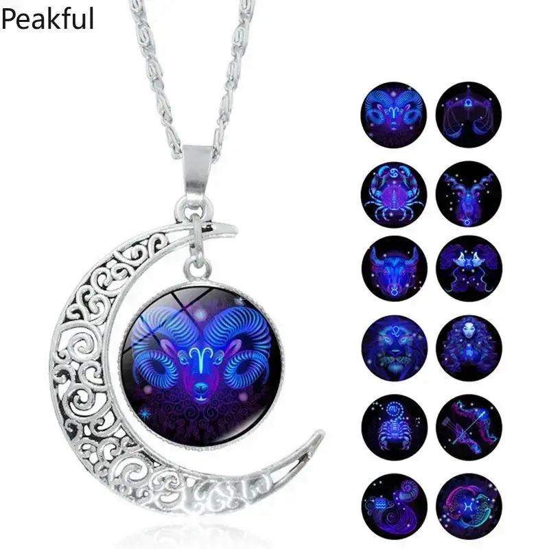 12 Sign Horoscope Necklace with Glowing Constellation & Glass Gem, Durable Alloy Layering Pendant, Thoughtful Birthday Gift for Friends & Family, European American Style Jewelry