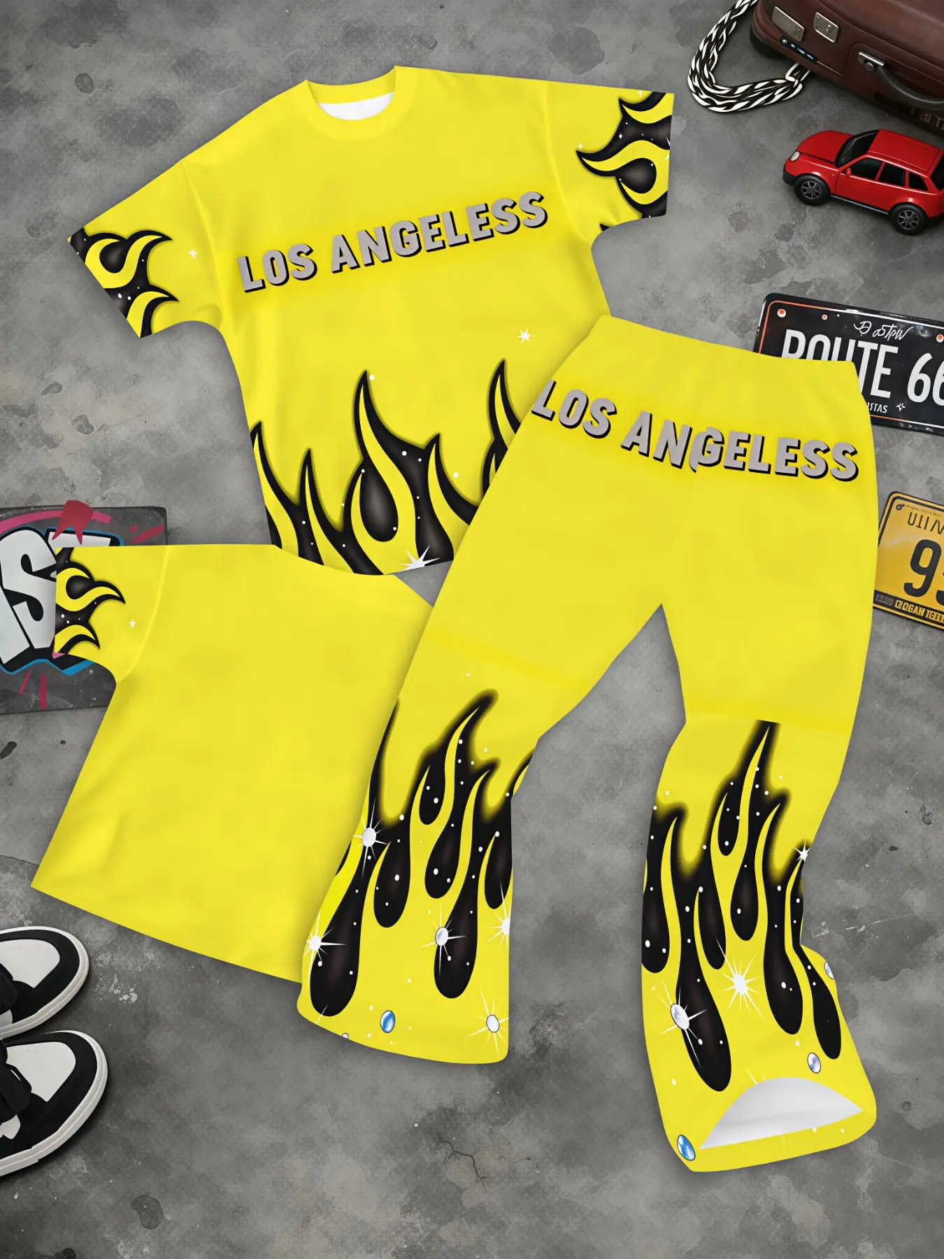 Bright Yellow Sparkly Los Angeles Flame Print Men Curved Blade Pants Suit, Lightweight Slim Fit Short Sleeve Crop Top, All Black Rhinestone Fire High Waist Curved Leg Pants, Daily Travel Street Matching Outfit, Popular Viral LA Football Summer Adult Fashi