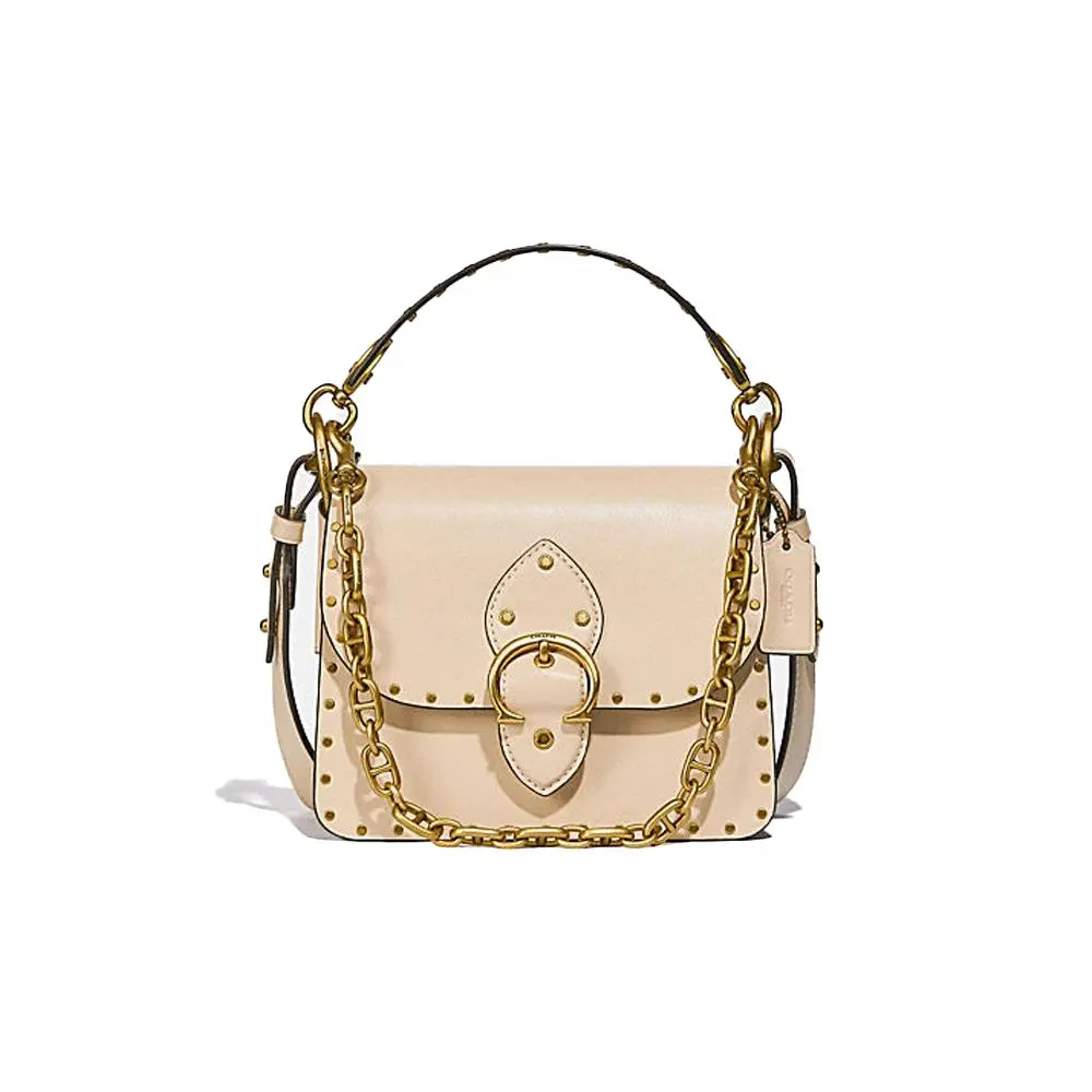 COACH Beat 18 Vintage Rivet-Embellished Chain Leather Crossbody Bag for Women, Small, Beige