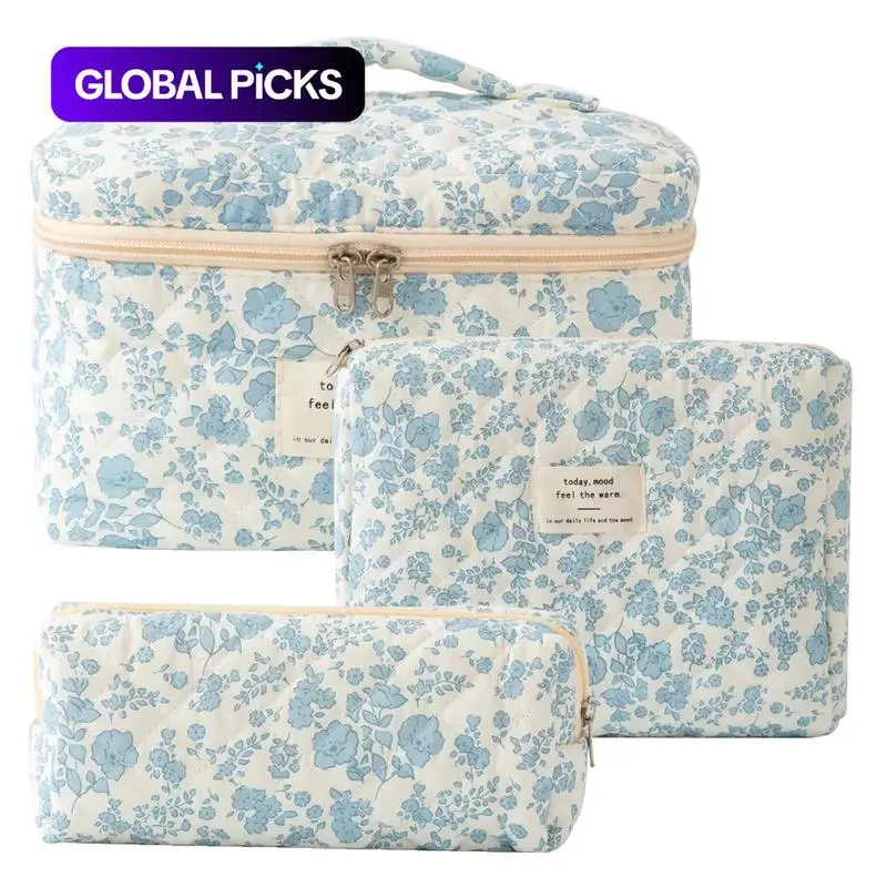 Gosect Large Foldable Cotton Quilted Double-Zip Flower Print Makeup Bag, Makeup Storage Organizer, Portable Toiletry Bag for Women, Mother's Day Mom Gift (Blue Floral), Foldable Bag Handheld Cosmetic Pouch Travel Essentials